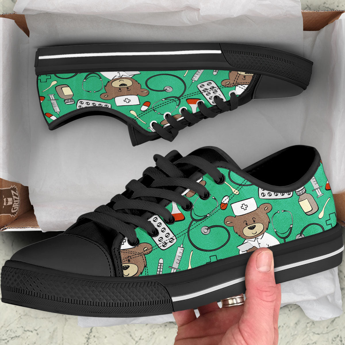 Jade Teddy Bear Nurse Black Low Top Shoes-grizzshop