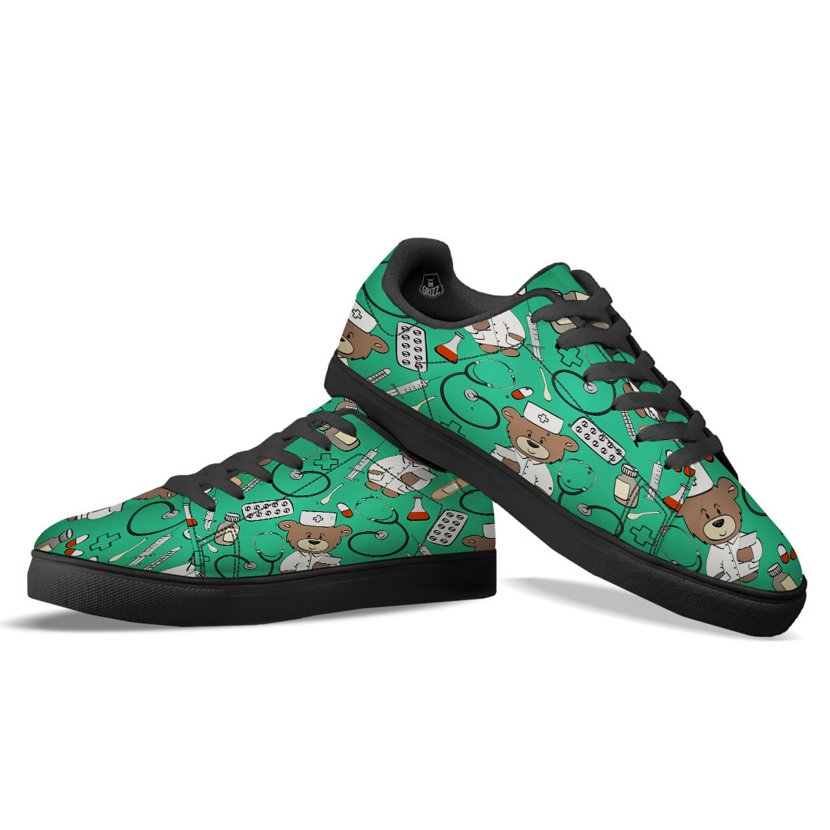 Jade Teddy Bear Nurse Black Low Top Sneakers-grizzshop
