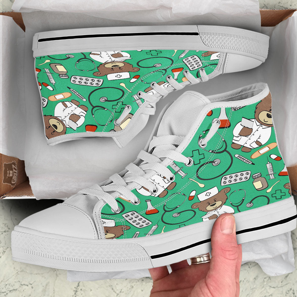 Jade Teddy Bear Nurse White High Top Shoes-grizzshop