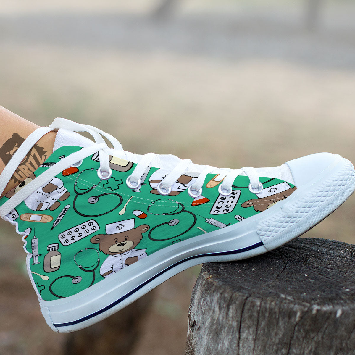 Jade Teddy Bear Nurse White High Top Shoes-grizzshop