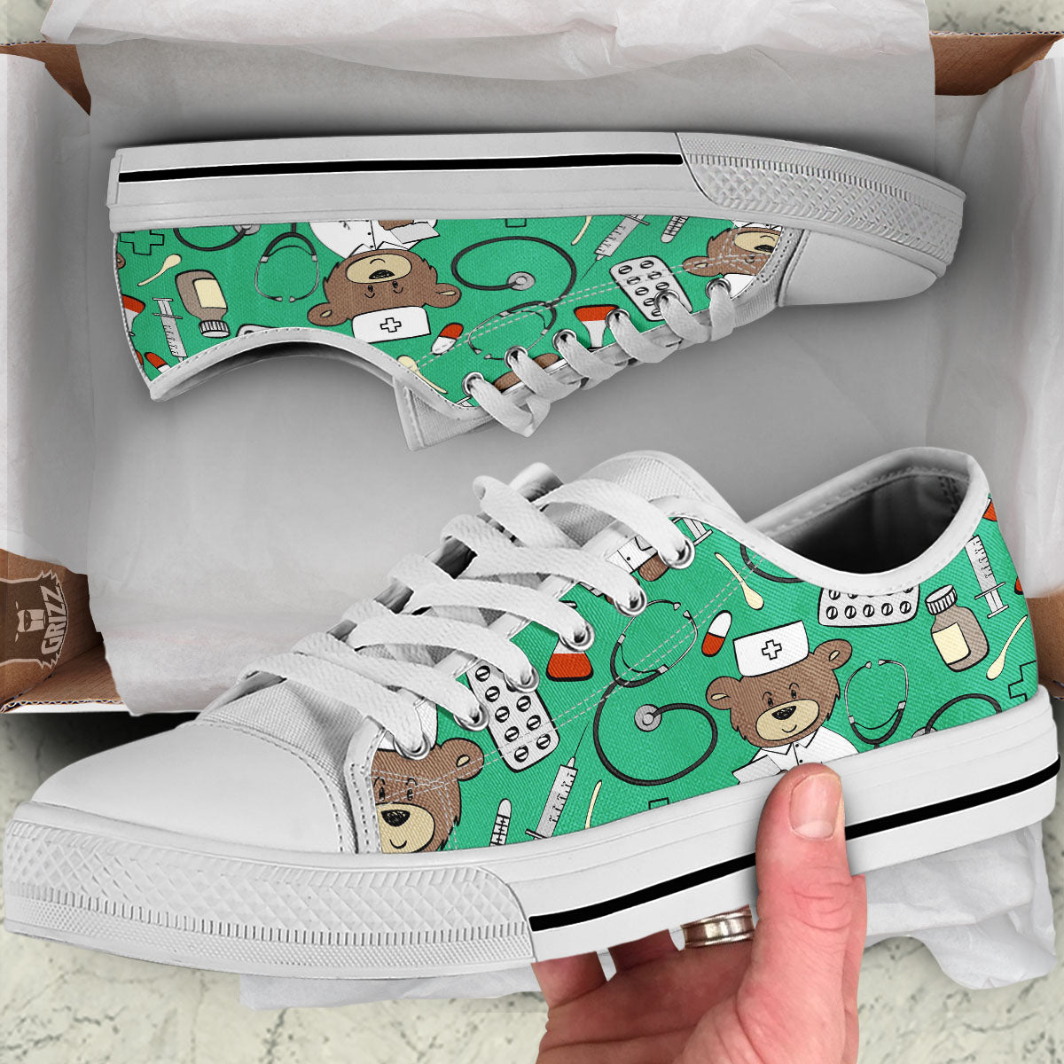 Jade Teddy Bear Nurse White Low Top Shoes-grizzshop