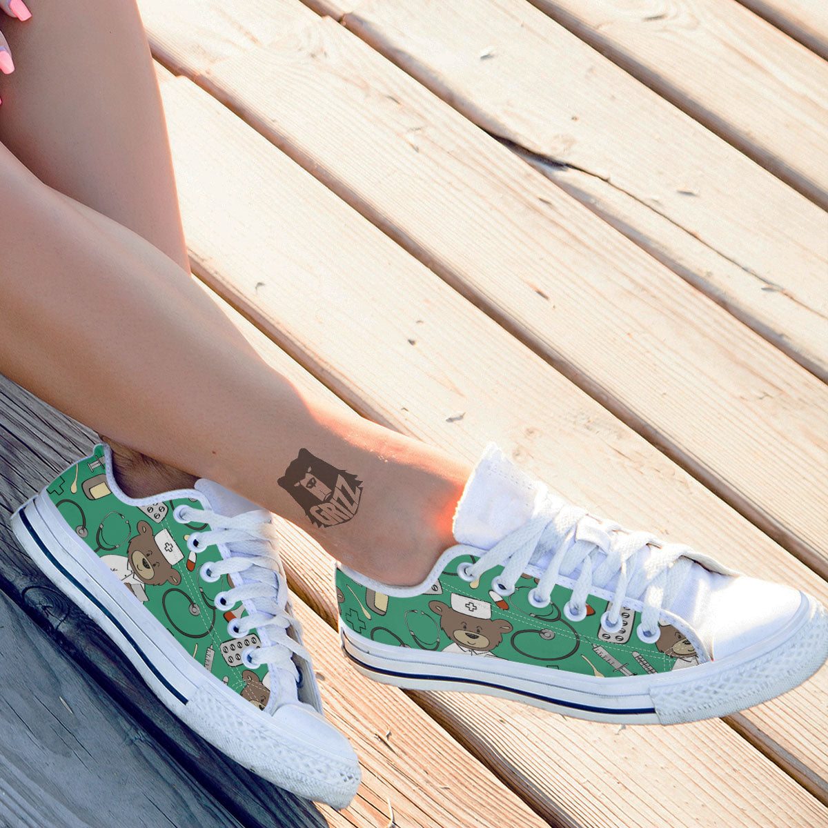 Jade Teddy Bear Nurse White Low Top Shoes-grizzshop