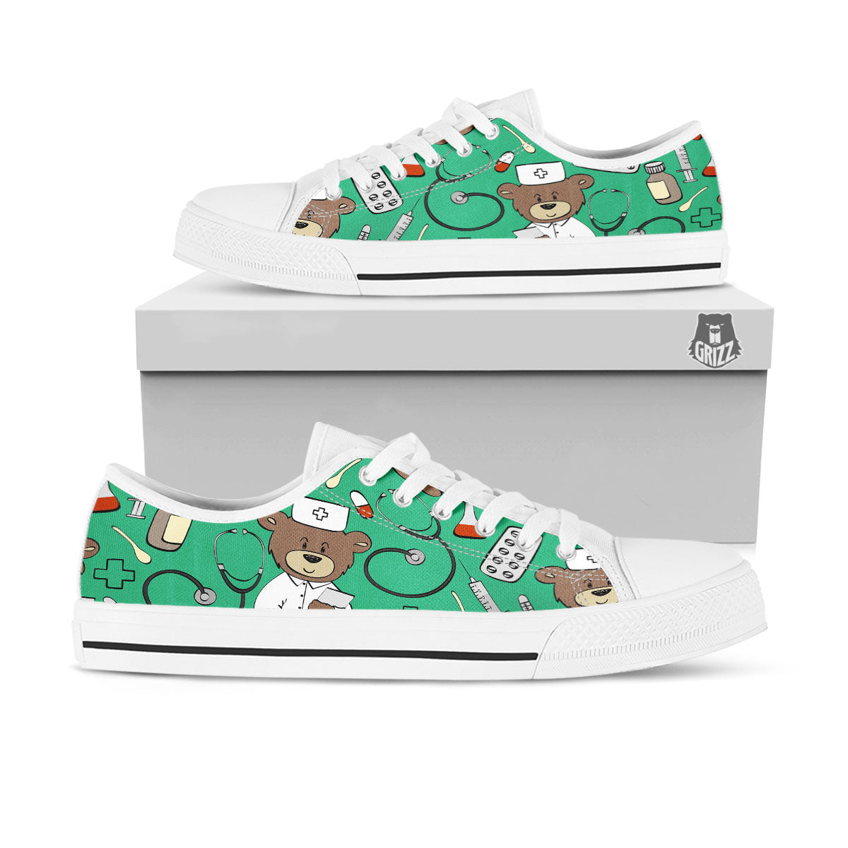 Jade Teddy Bear Nurse White Low Top Shoes-grizzshop