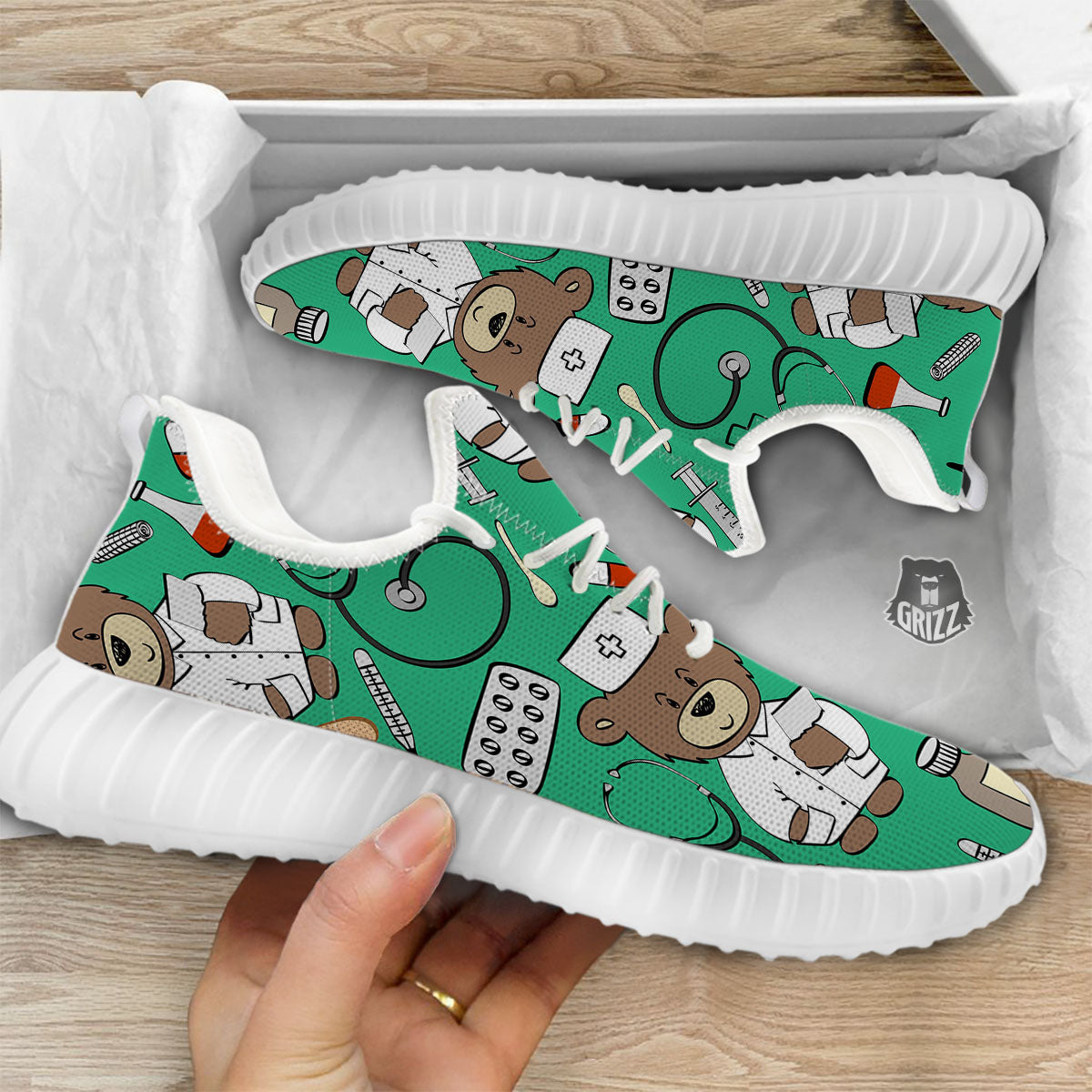 Jade Teddy Bear Nurse White Walking Shoes-grizzshop