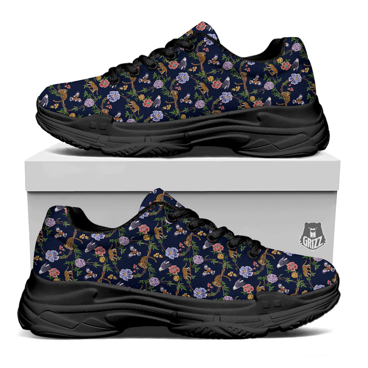 Jaguar And Eagle Print Pattern Black Chunky Shoes-grizzshop