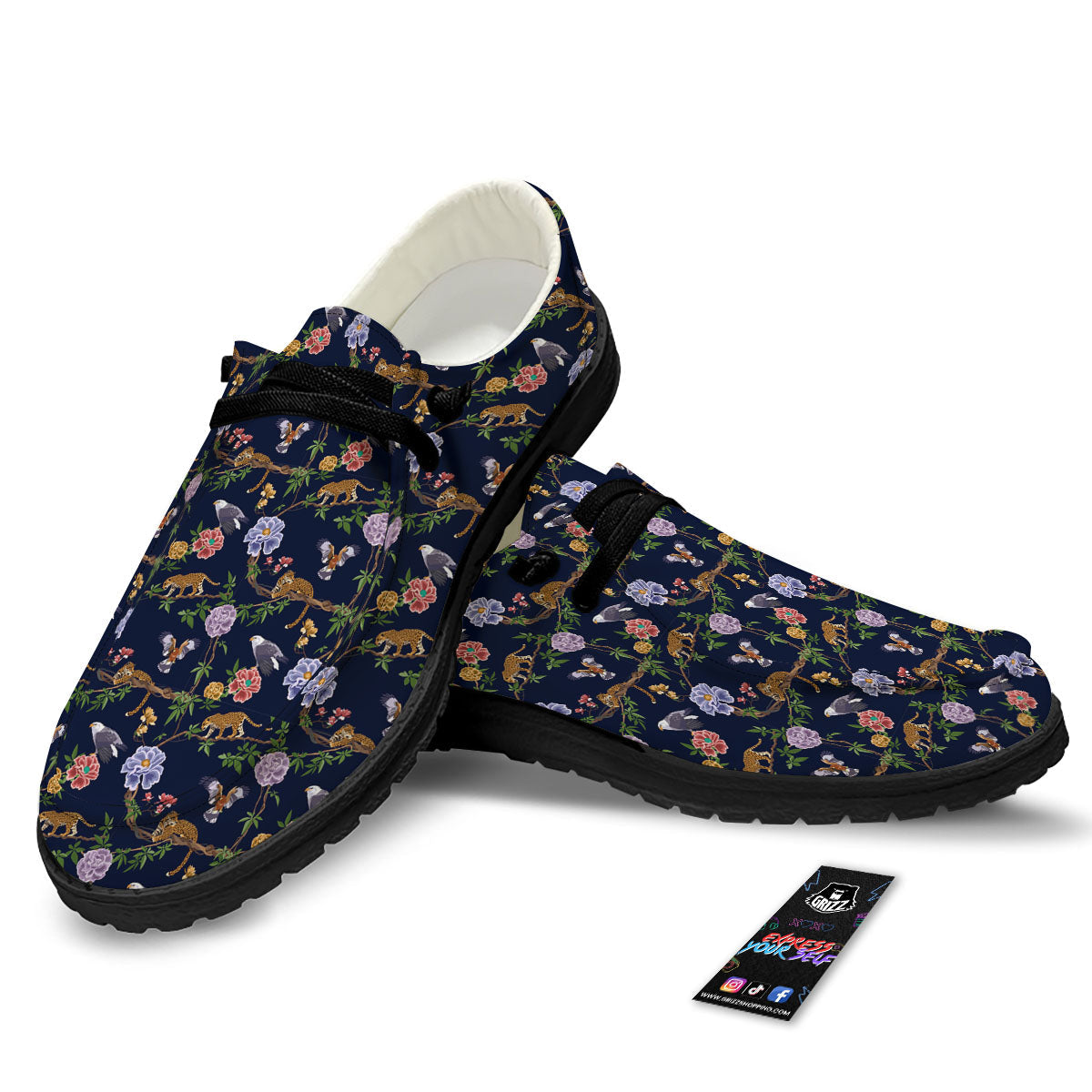 Jaguar And Eagle Print Pattern Black Loafers-grizzshop