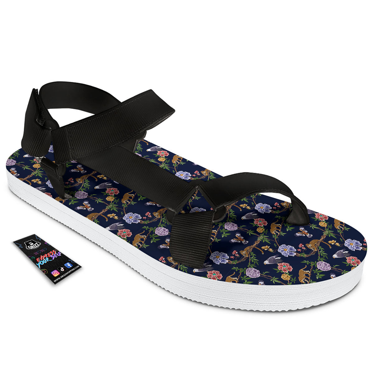 Jaguar And Eagle Print Pattern Black Open Toe Sandals-grizzshop