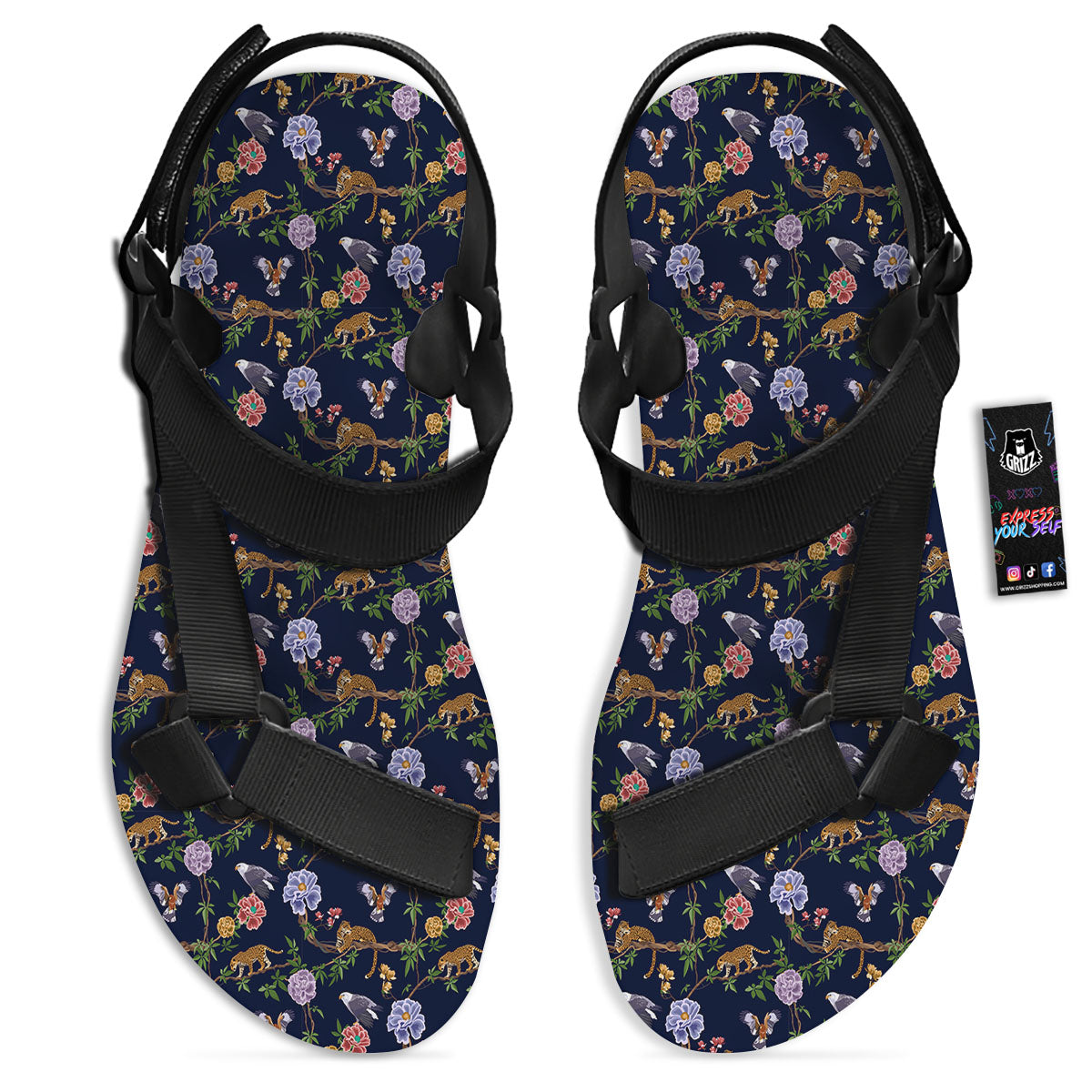 Jaguar And Eagle Print Pattern Black Open Toe Sandals-grizzshop