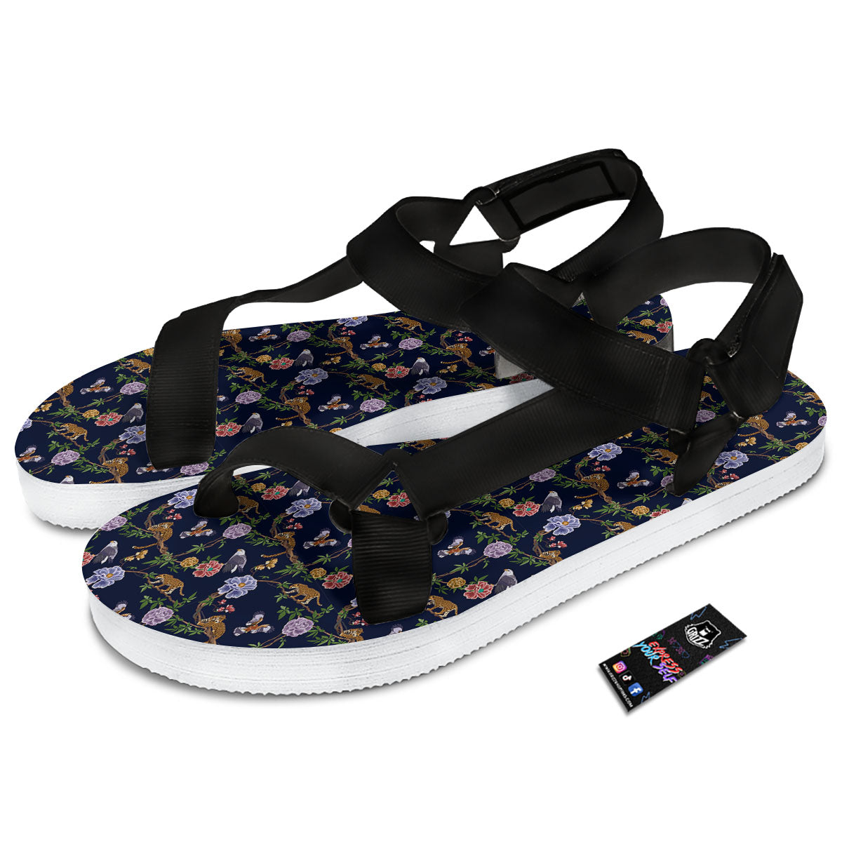 Jaguar And Eagle Print Pattern Black Open Toe Sandals-grizzshop