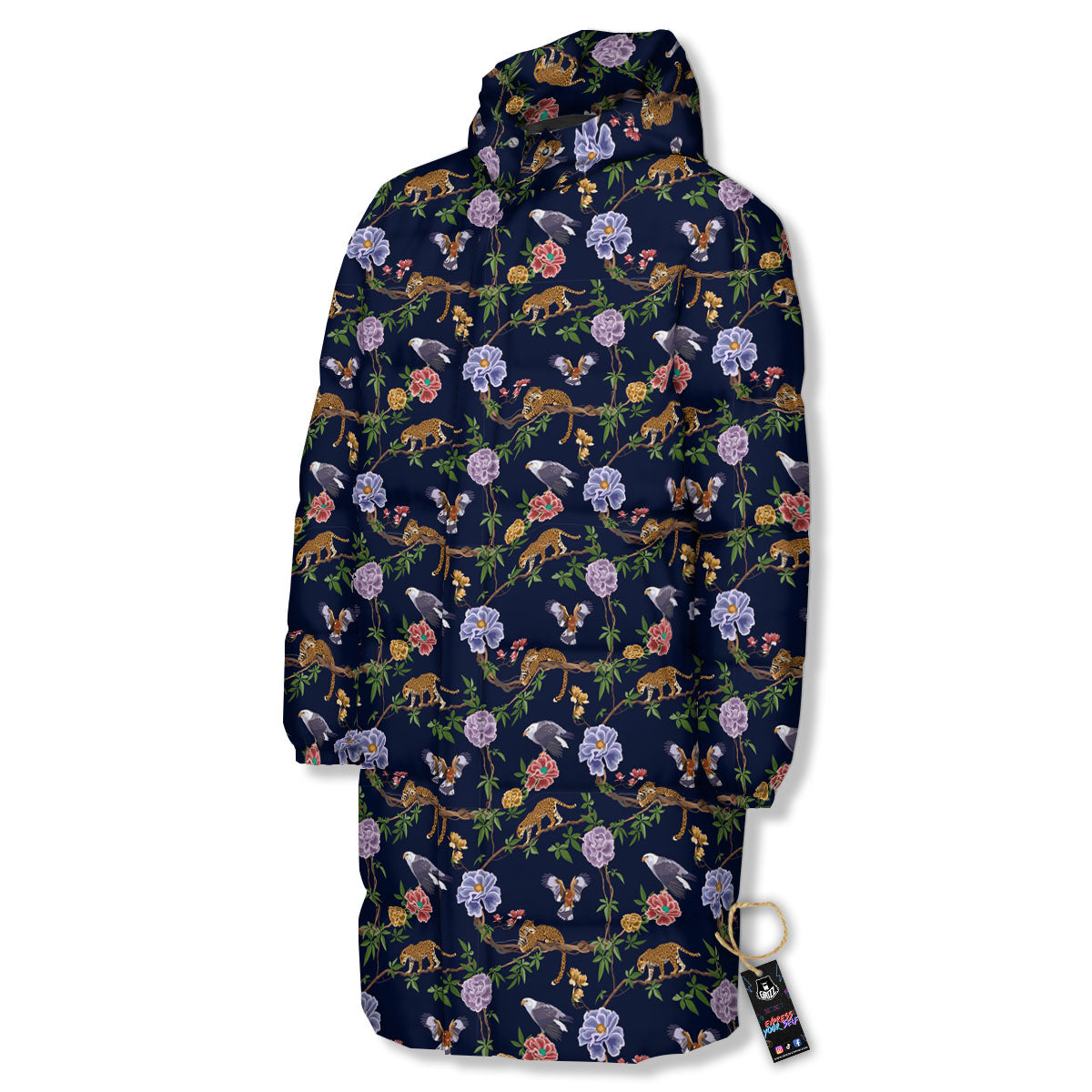 Jaguar And Eagle Print Pattern Long Down Jacket-grizzshop