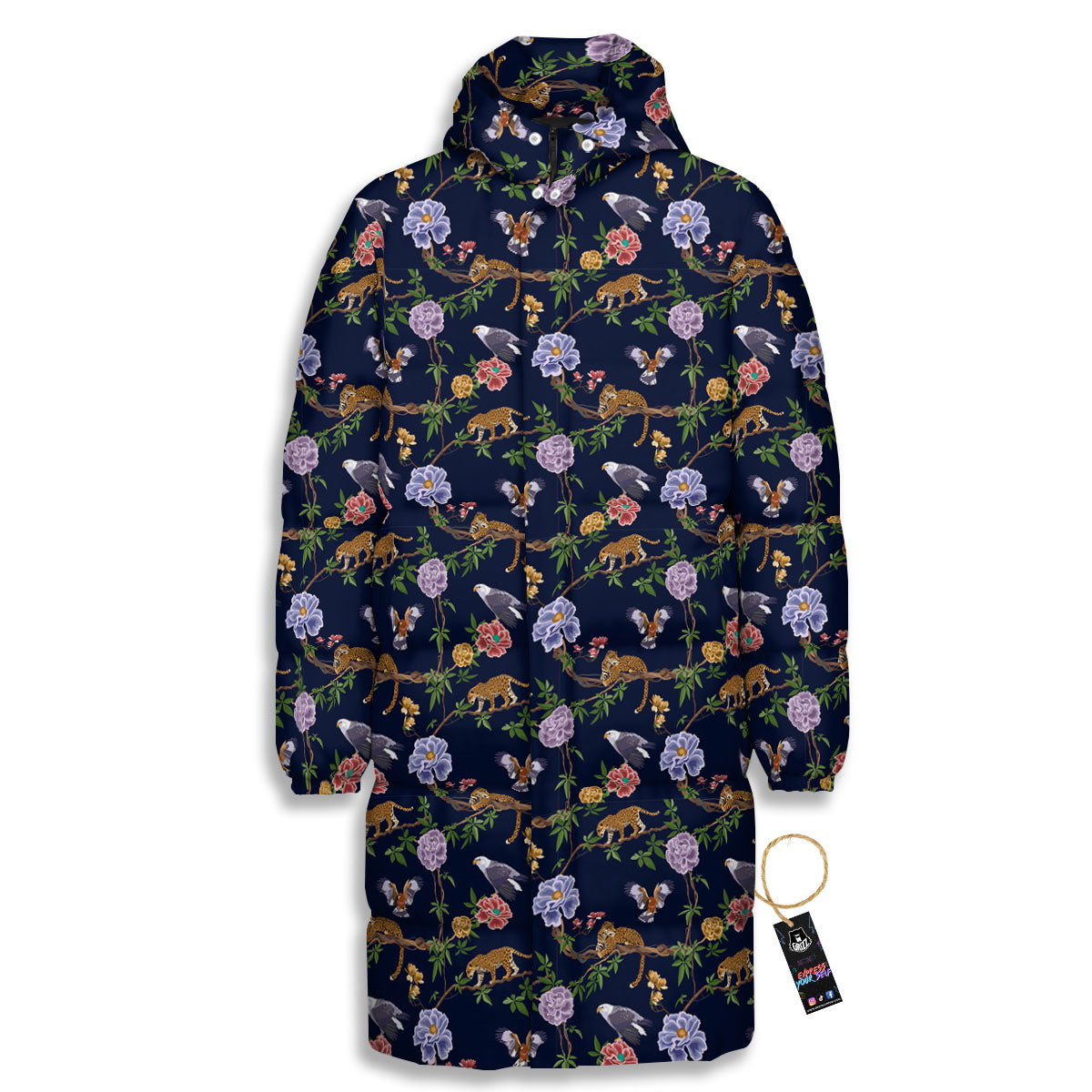 Jaguar And Eagle Print Pattern Long Down Jacket-grizzshop