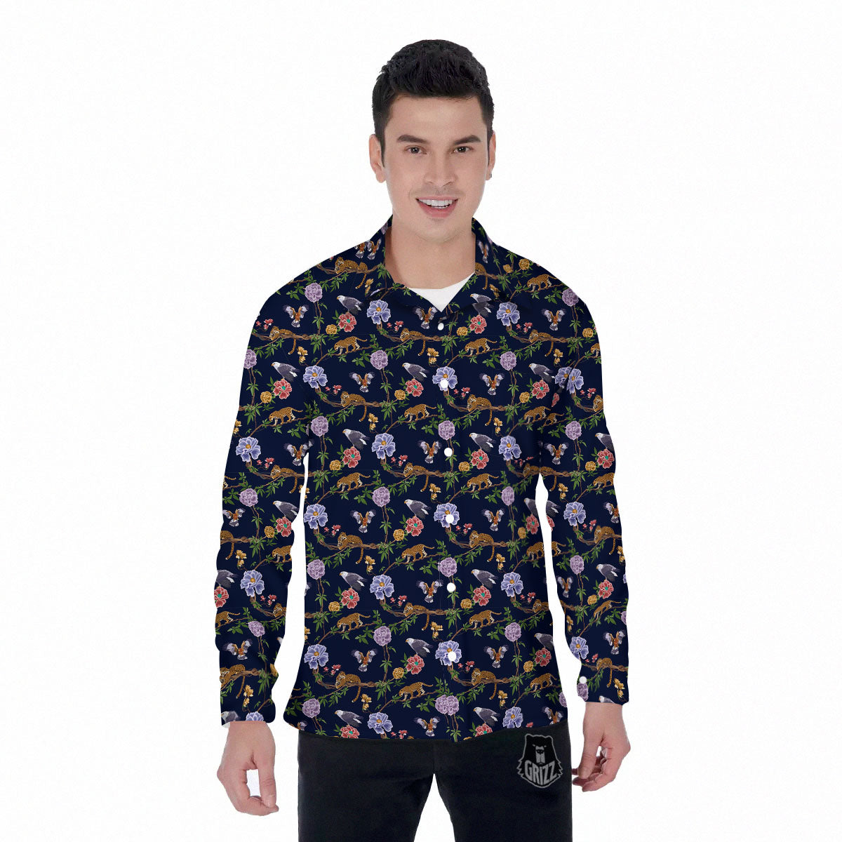 Jaguar And Eagle Print Pattern Men's Long Sleeve Shirts-grizzshop