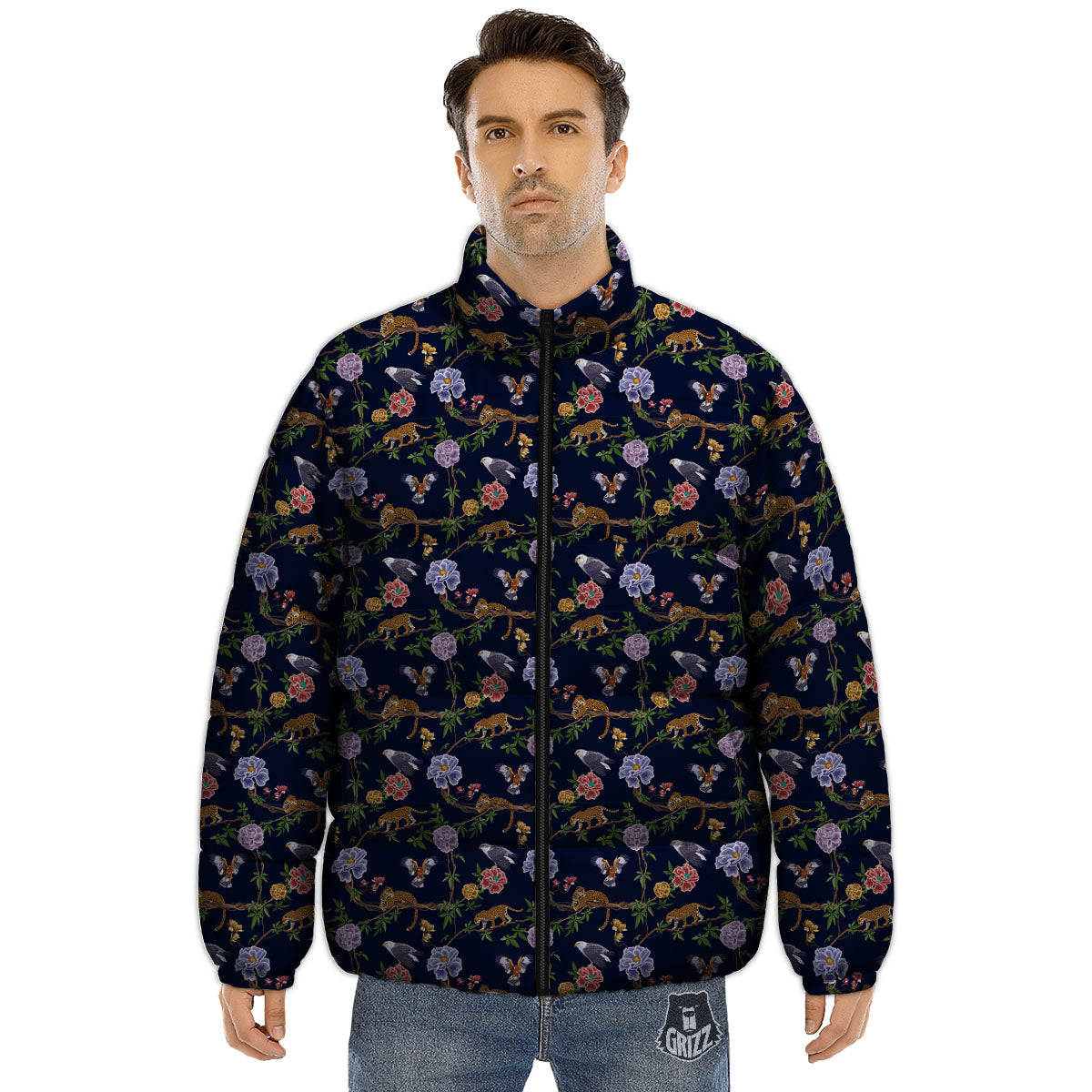 Jaguar And Eagle Print Pattern Puffer Jacket-grizzshop
