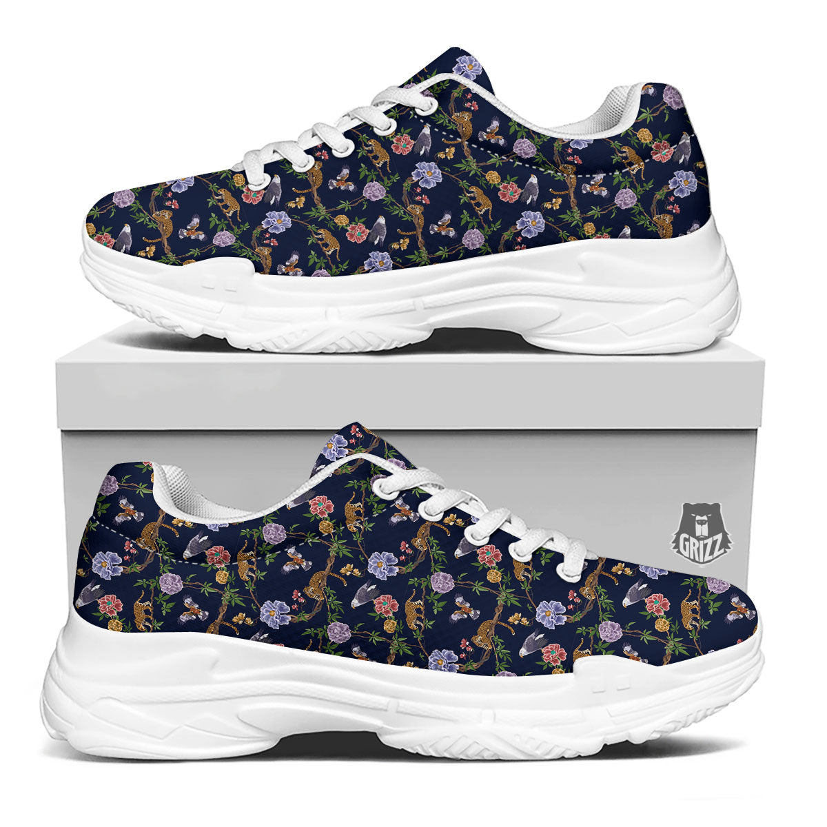 Jaguar And Eagle Print Pattern White Chunky Shoes-grizzshop
