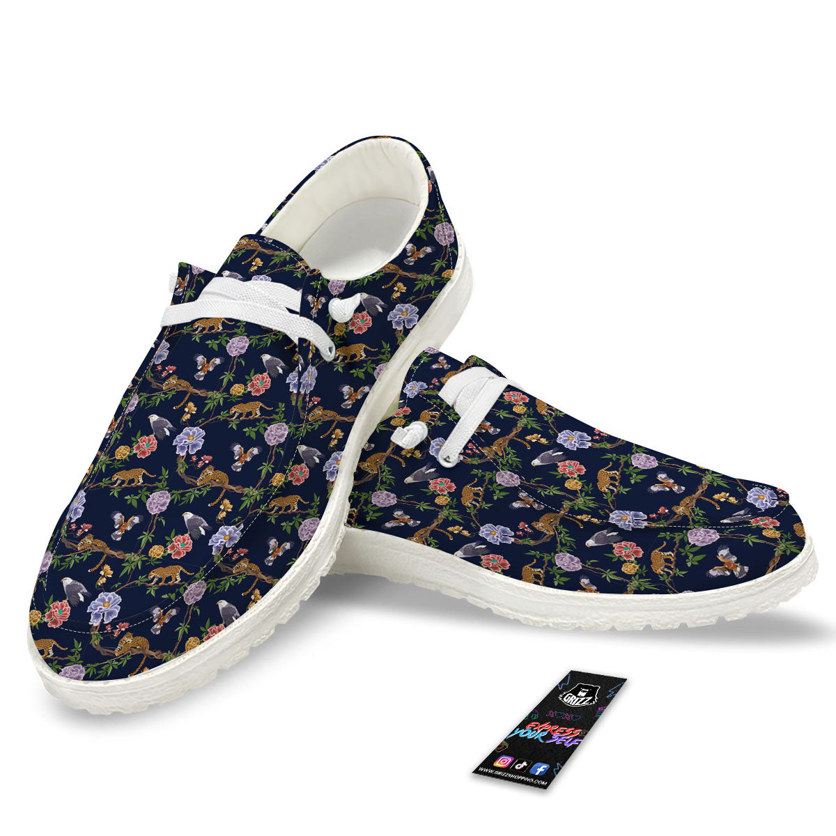 Jaguar And Eagle Print Pattern White Loafers-grizzshop