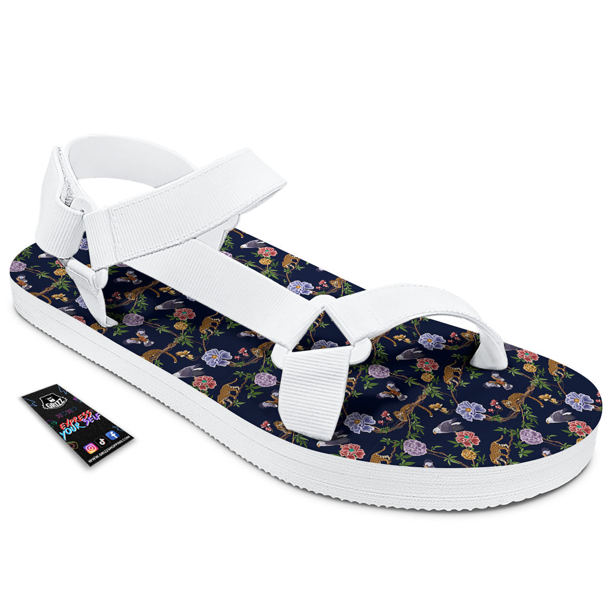 Jaguar And Eagle Print Pattern White Open Toe Sandals-grizzshop