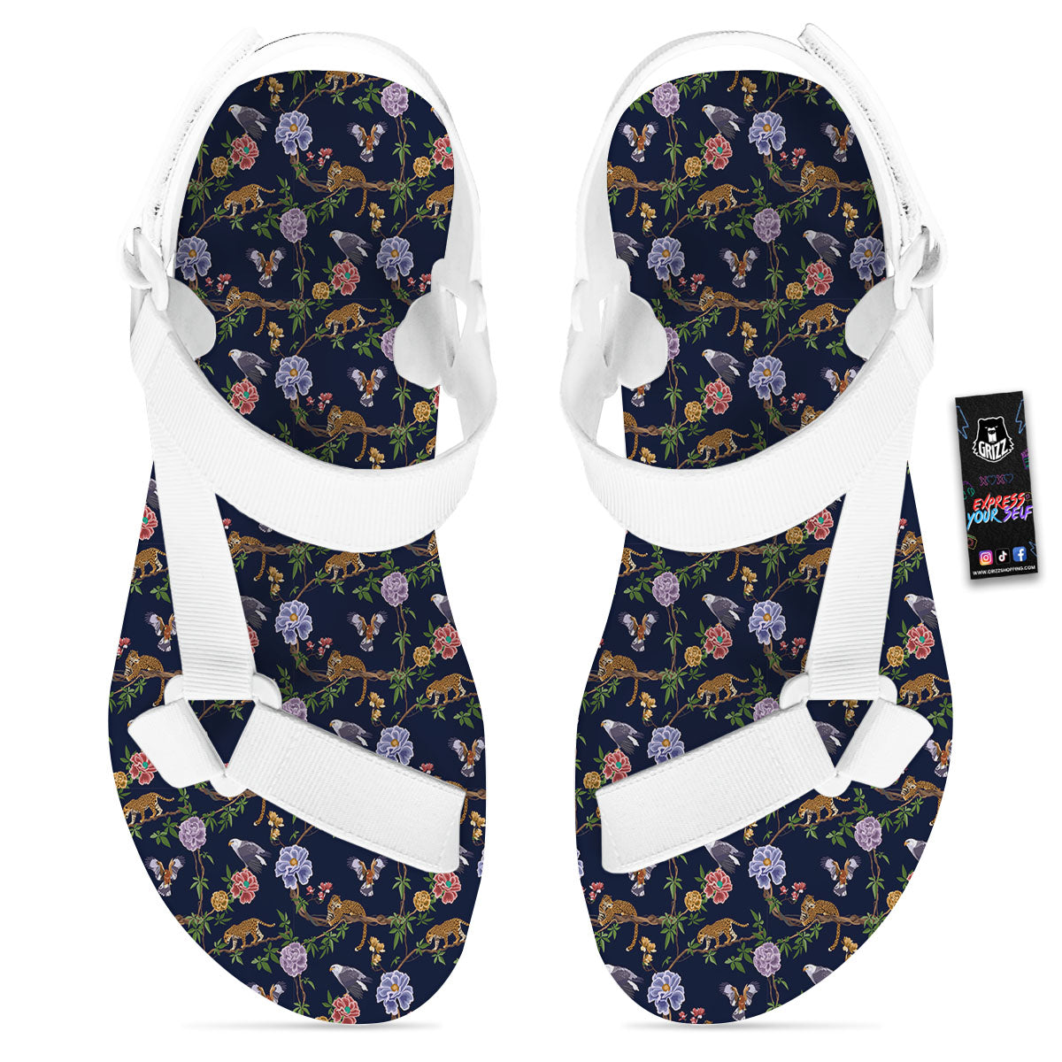 Jaguar And Eagle Print Pattern White Open Toe Sandals-grizzshop