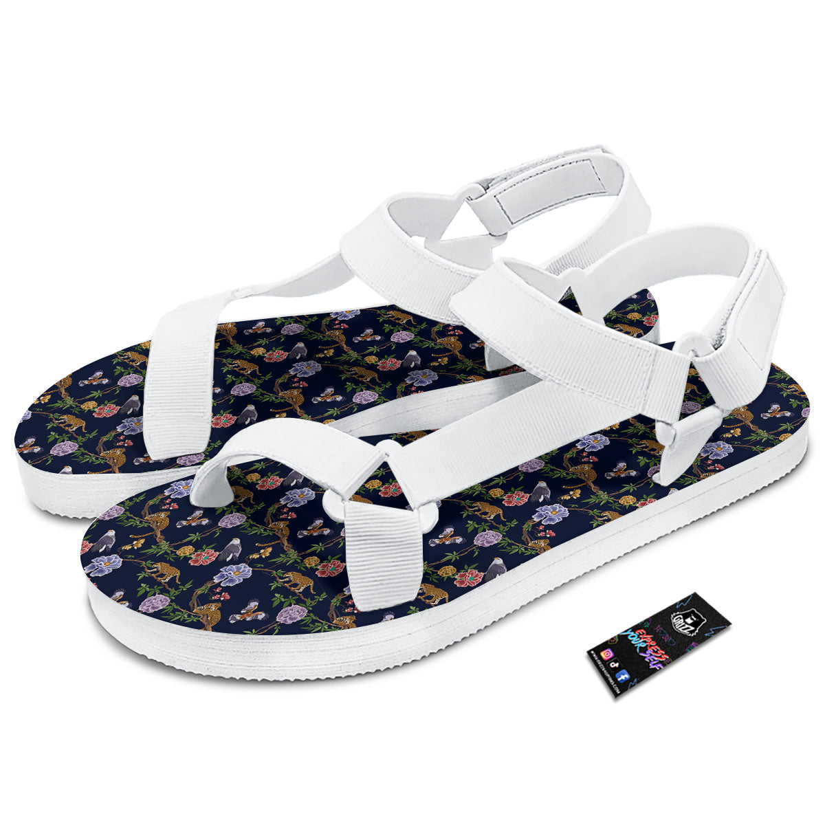 Jaguar And Eagle Print Pattern White Open Toe Sandals-grizzshop