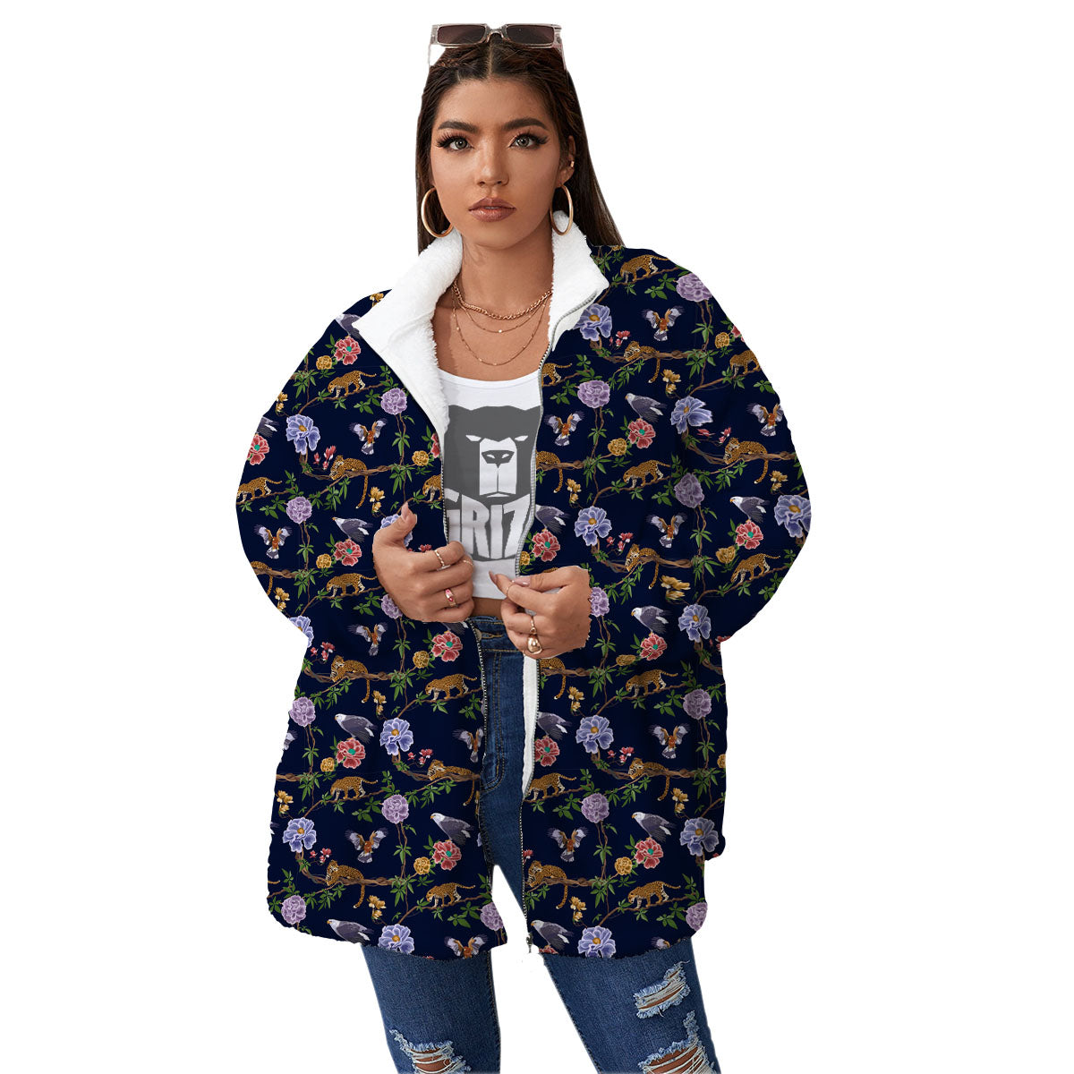 Jaguar And Eagle Print Pattern Women's Sherpa Jacket-grizzshop