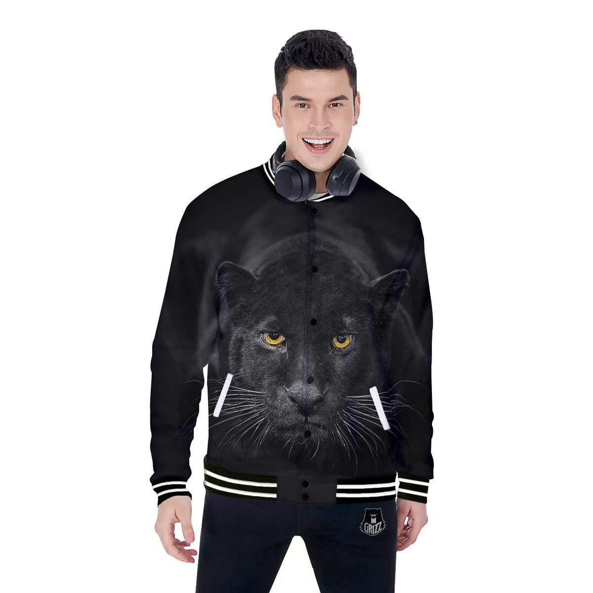 Jaguar Black Print Baseball Jacket-grizzshop