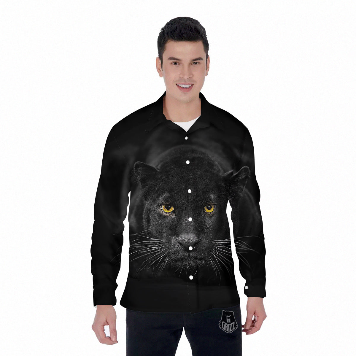 Jaguar Black Print Men's Long Sleeve Shirts-grizzshop