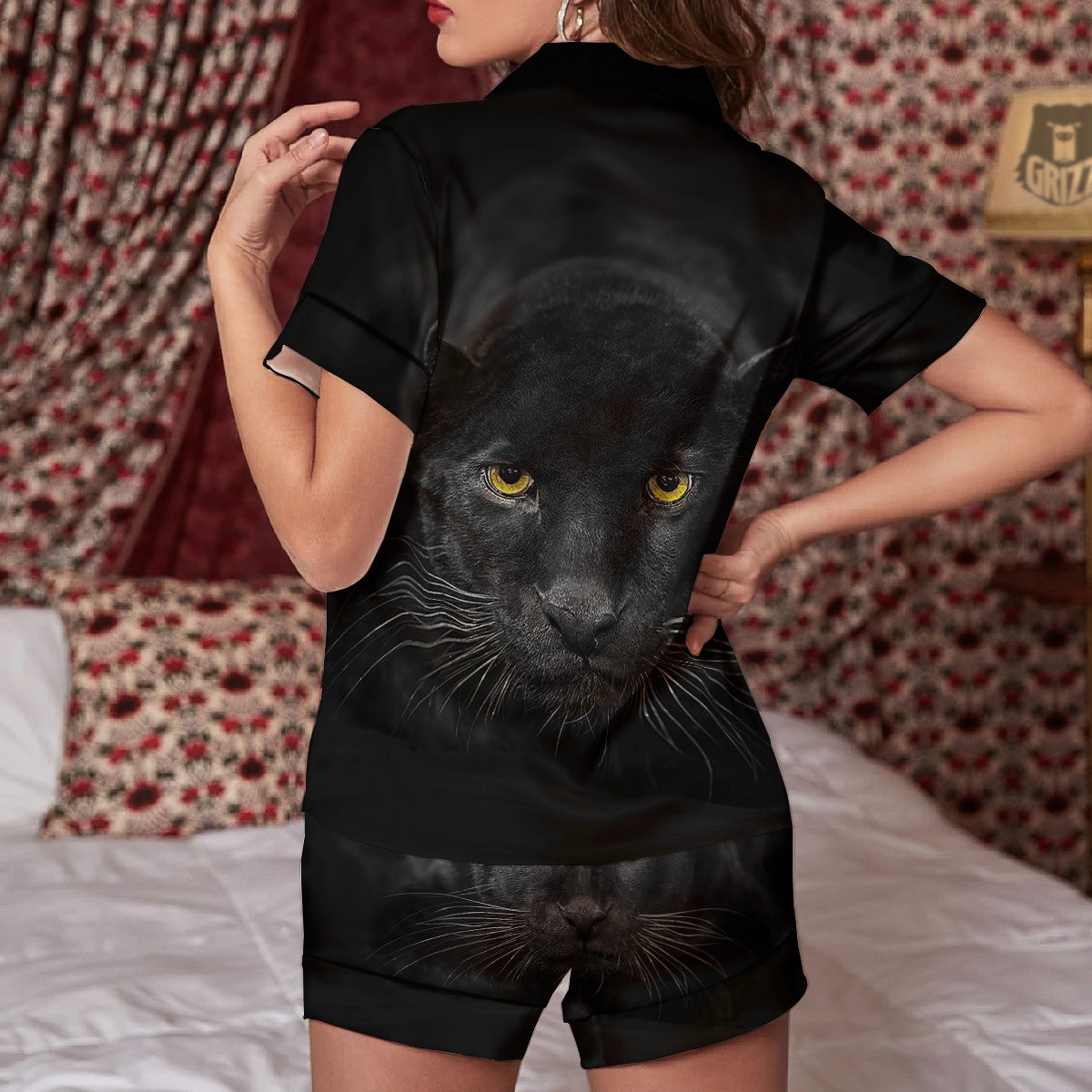 Jaguar Black Print Women Silk Pajamas-grizzshop
