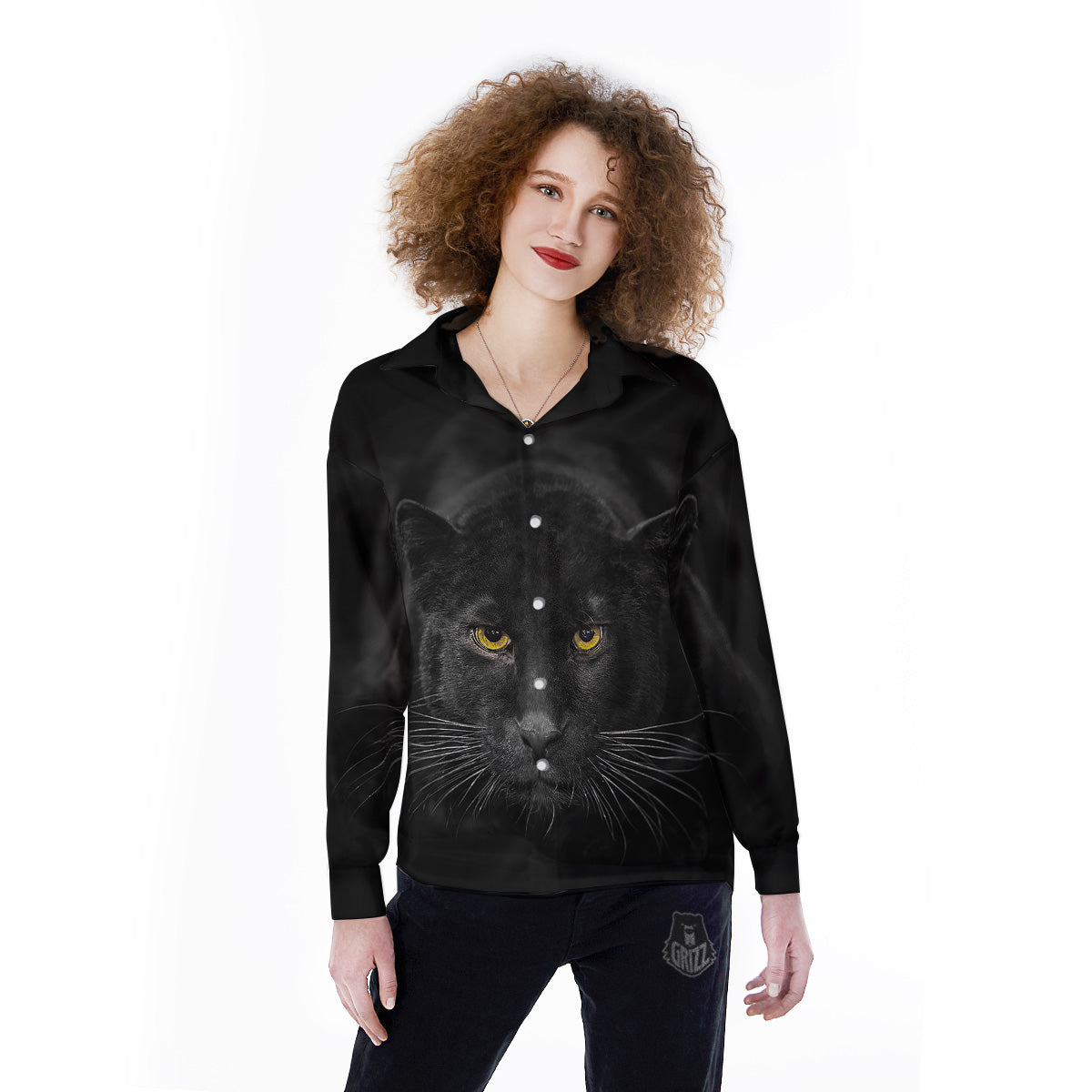 Jaguar Black Print Women's Long Sleeve Shirts-grizzshop