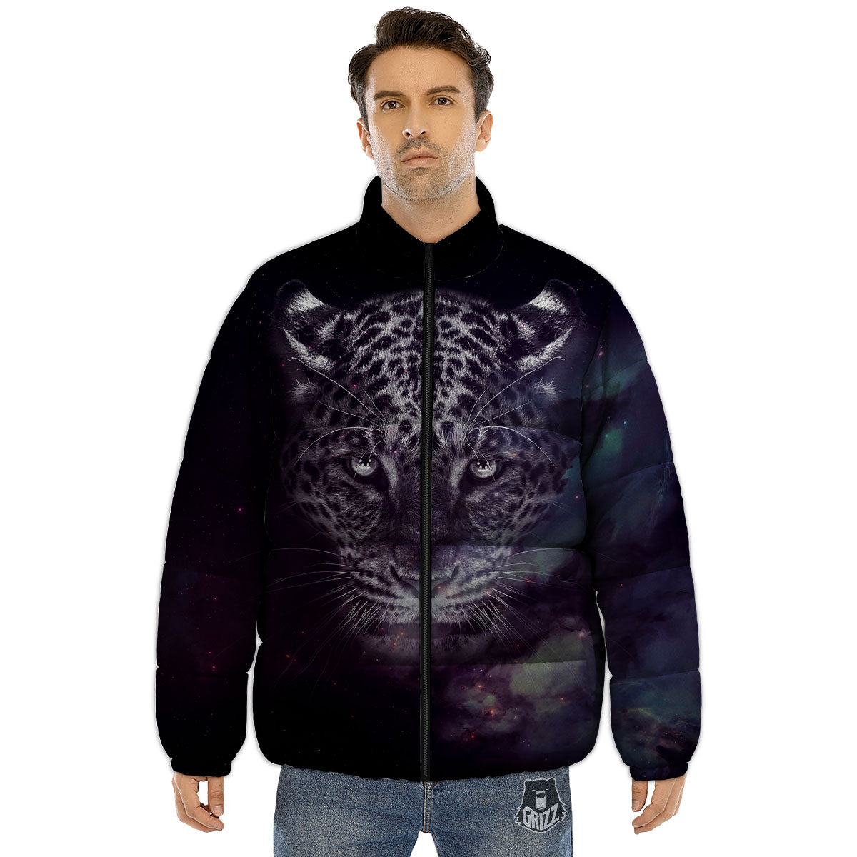 Jaguar Galaxy Print Puffer Jacket-grizzshop