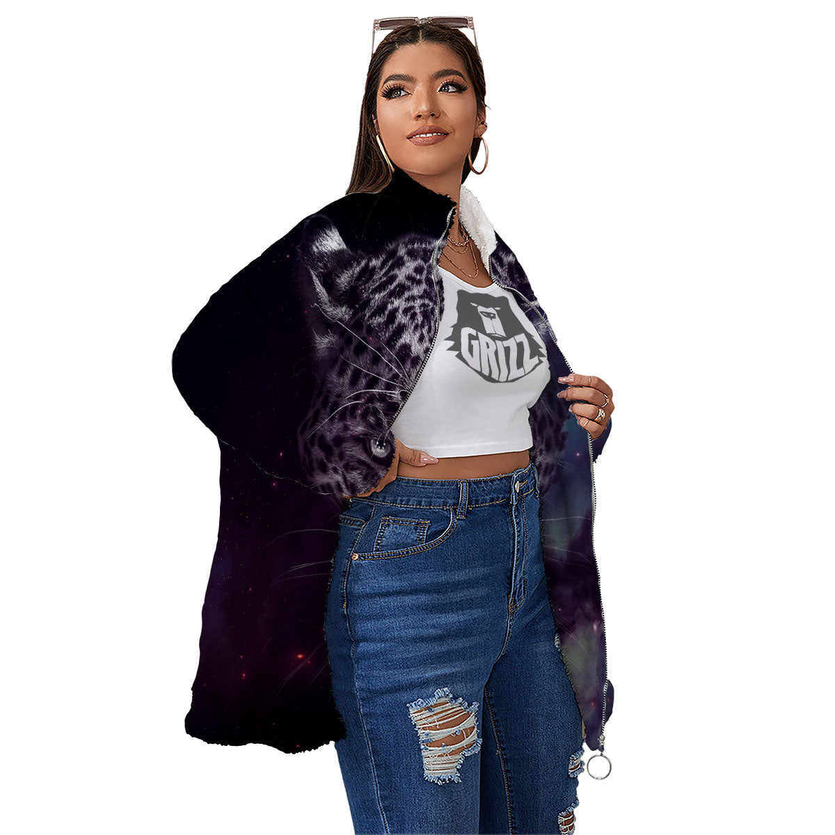 Jaguar Galaxy Print Women's Sherpa Jacket-grizzshop