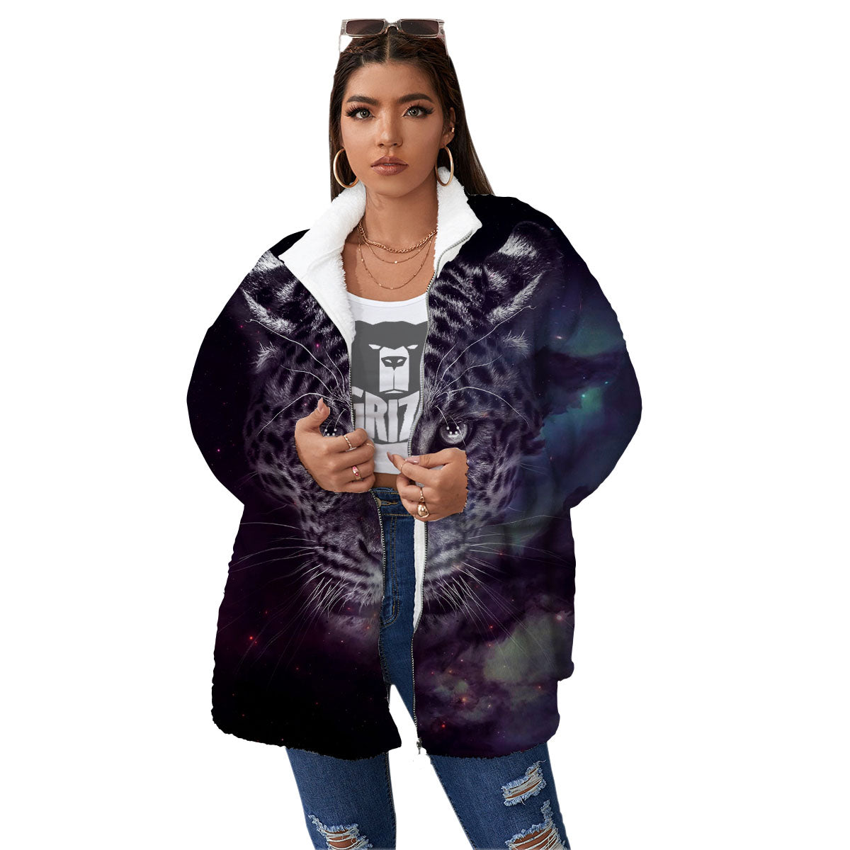 Jaguar Galaxy Print Women's Sherpa Jacket-grizzshop