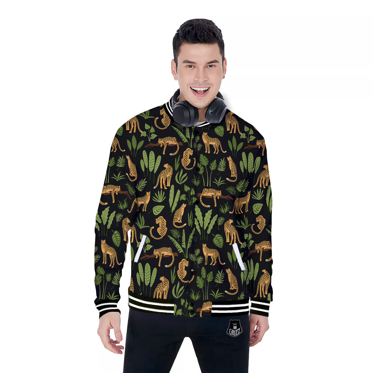 Jaguar Tropical Print Pattern Baseball Jacket-grizzshop