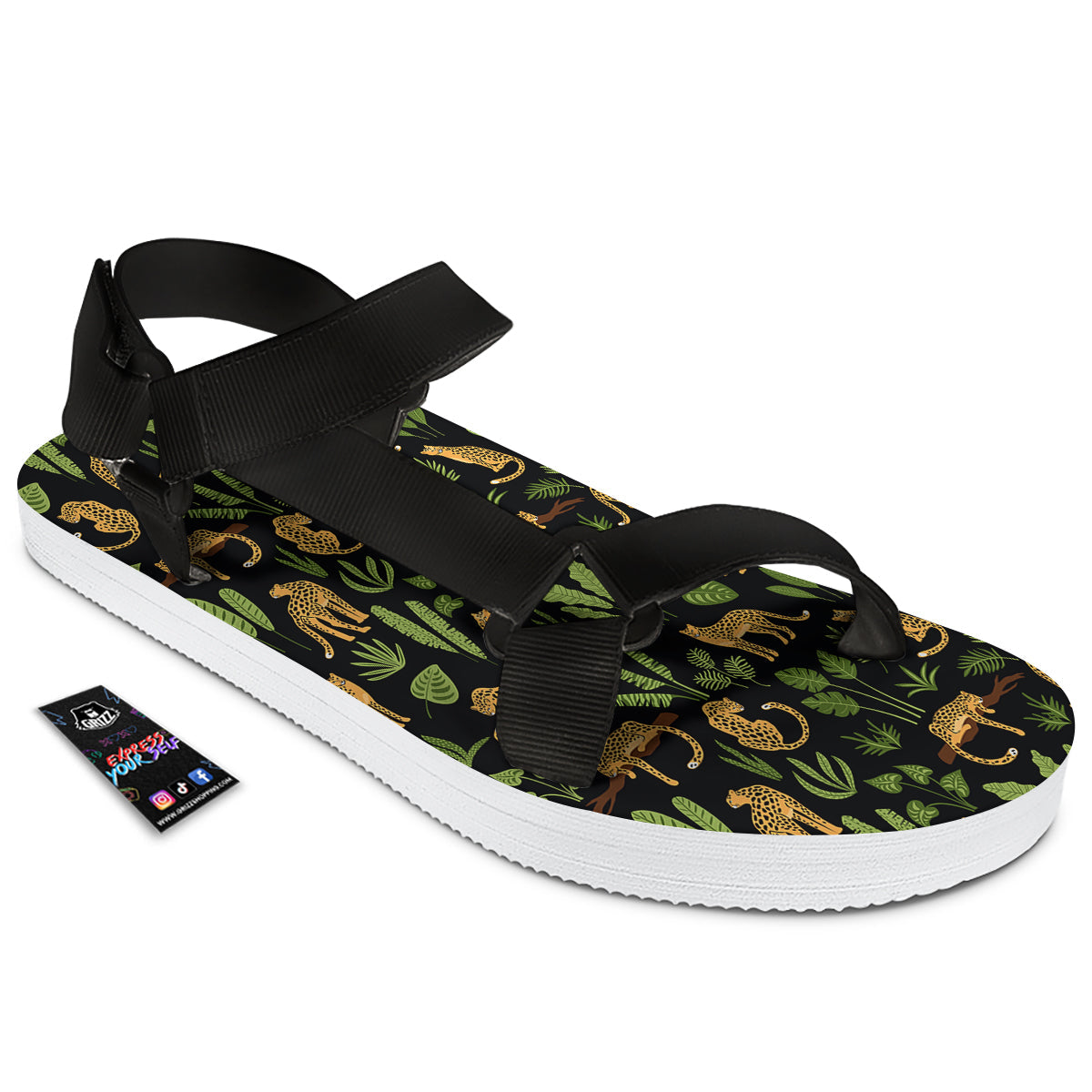Jaguar Tropical Print Pattern Black Open Toe Sandals-grizzshop