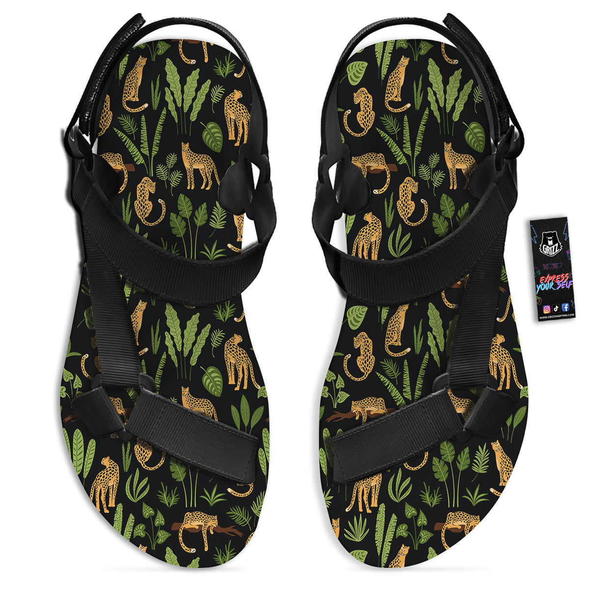 Jaguar Tropical Print Pattern Black Open Toe Sandals-grizzshop
