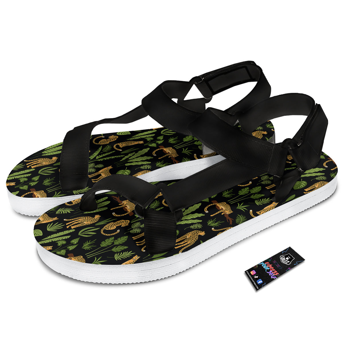 Jaguar Tropical Print Pattern Black Open Toe Sandals-grizzshop