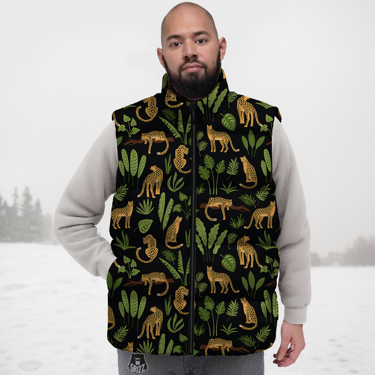 Jaguar Tropical Print Pattern Down Vest