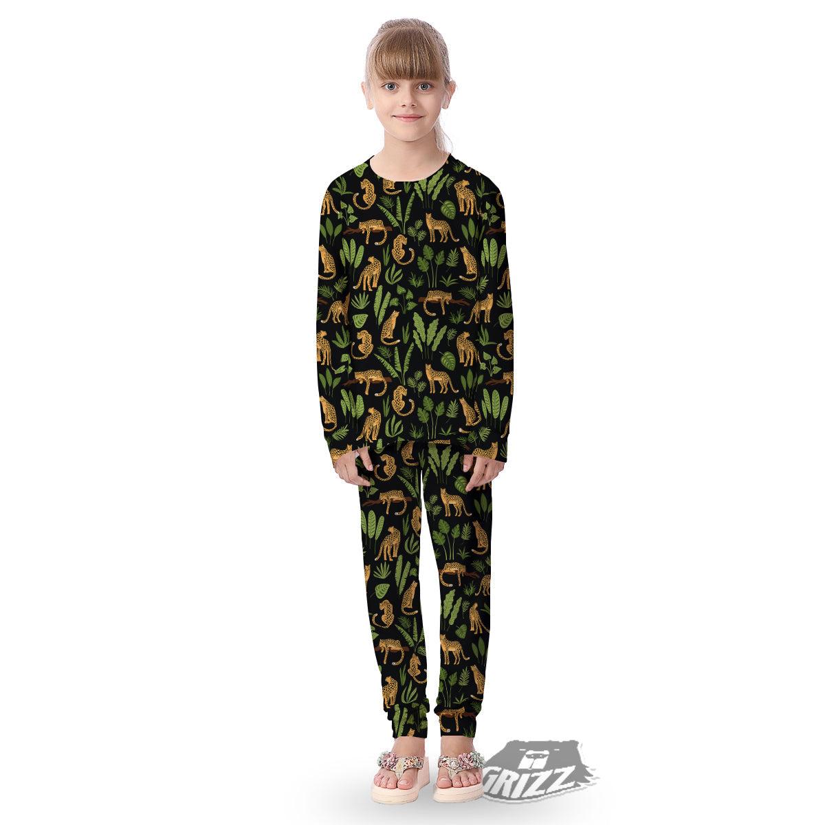 Jaguar Tropical Print Pattern Kid's Pajamas-grizzshop