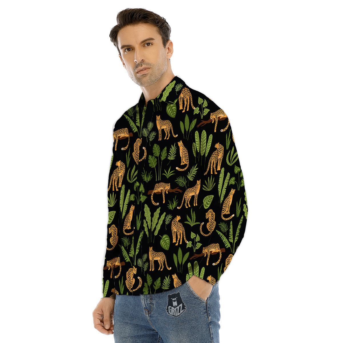 Jaguar Tropical Print Pattern Men's Dress Shirts-grizzshop