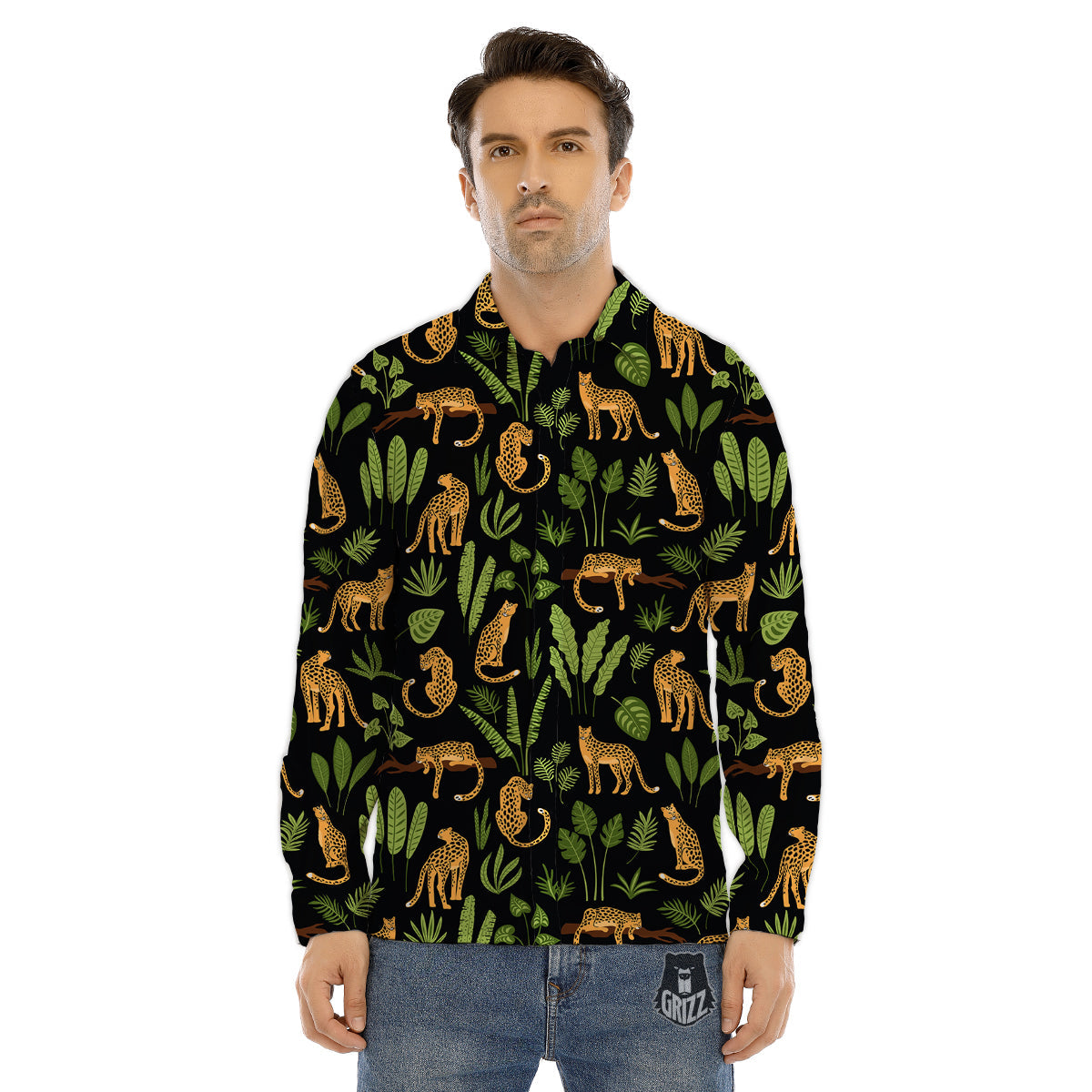 Jaguar Tropical Print Pattern Men's Dress Shirts-grizzshop