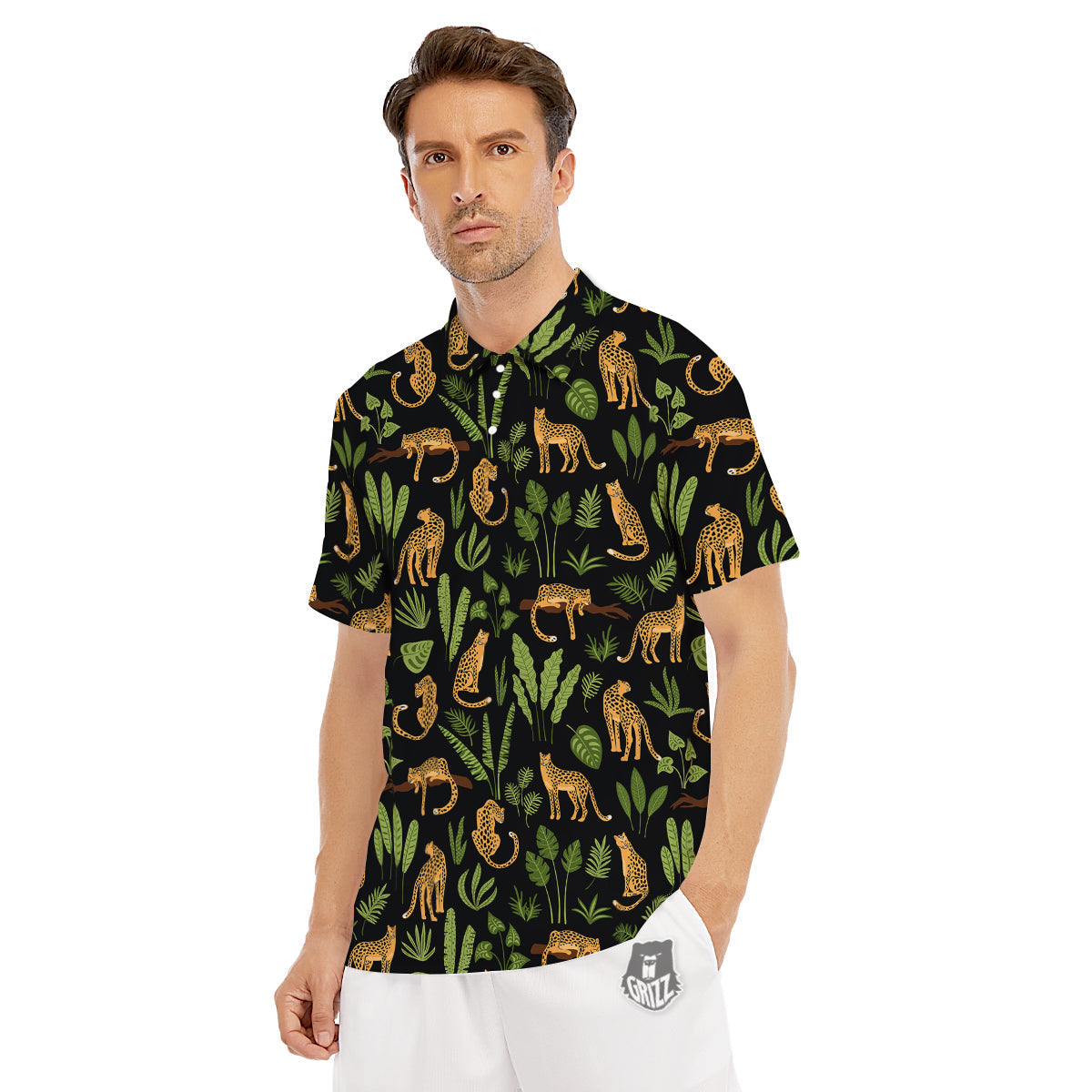 Jaguar Tropical Print Pattern Men's Golf Shirts-grizzshop