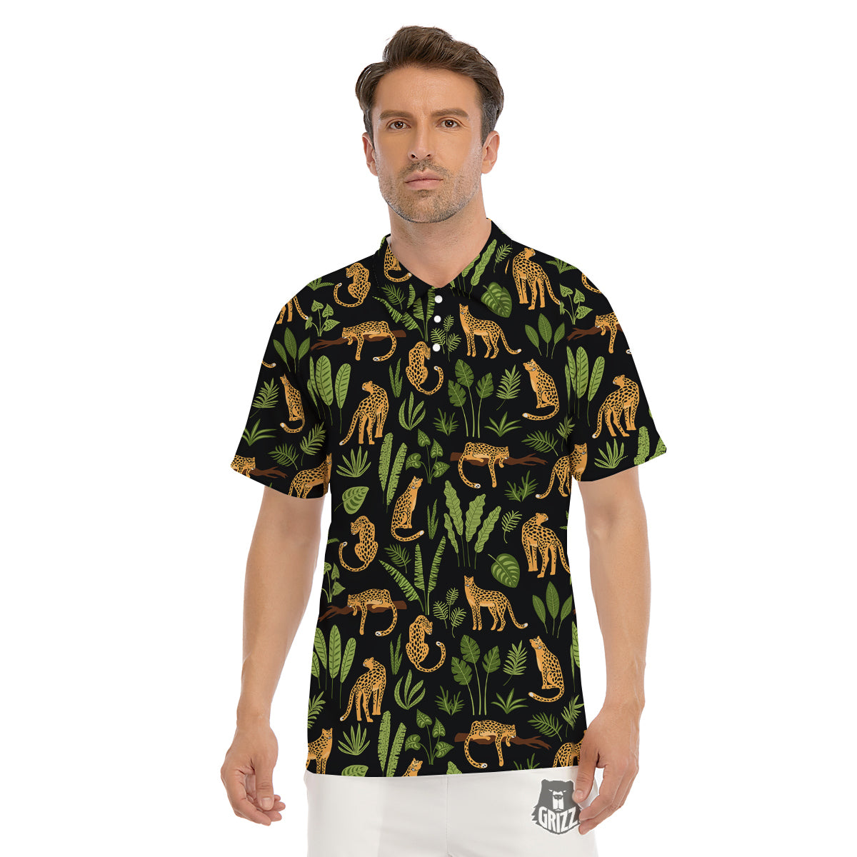 Jaguar Tropical Print Pattern Men's Golf Shirts-grizzshop