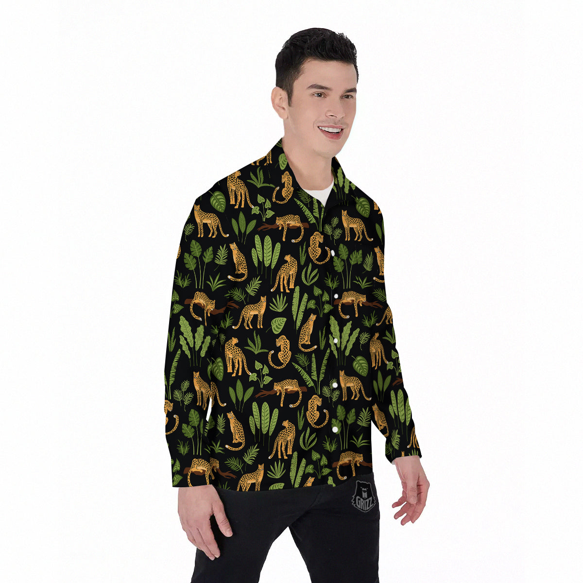 Jaguar Tropical Print Pattern Men's Long Sleeve Shirts-grizzshop