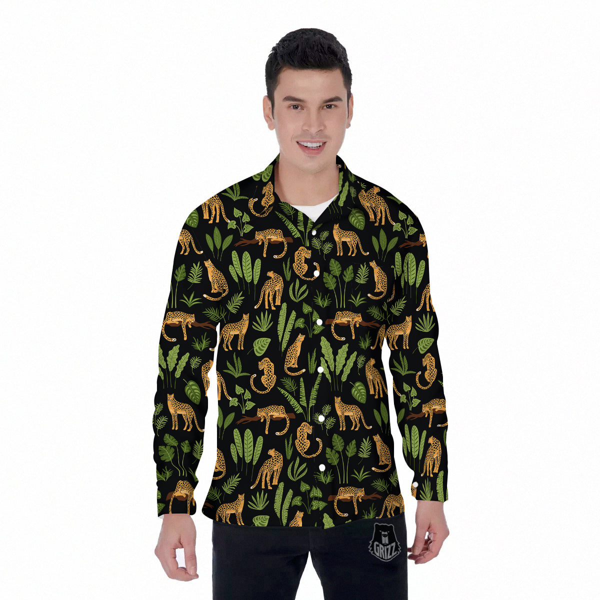 Jaguar Tropical Print Pattern Men's Long Sleeve Shirts-grizzshop