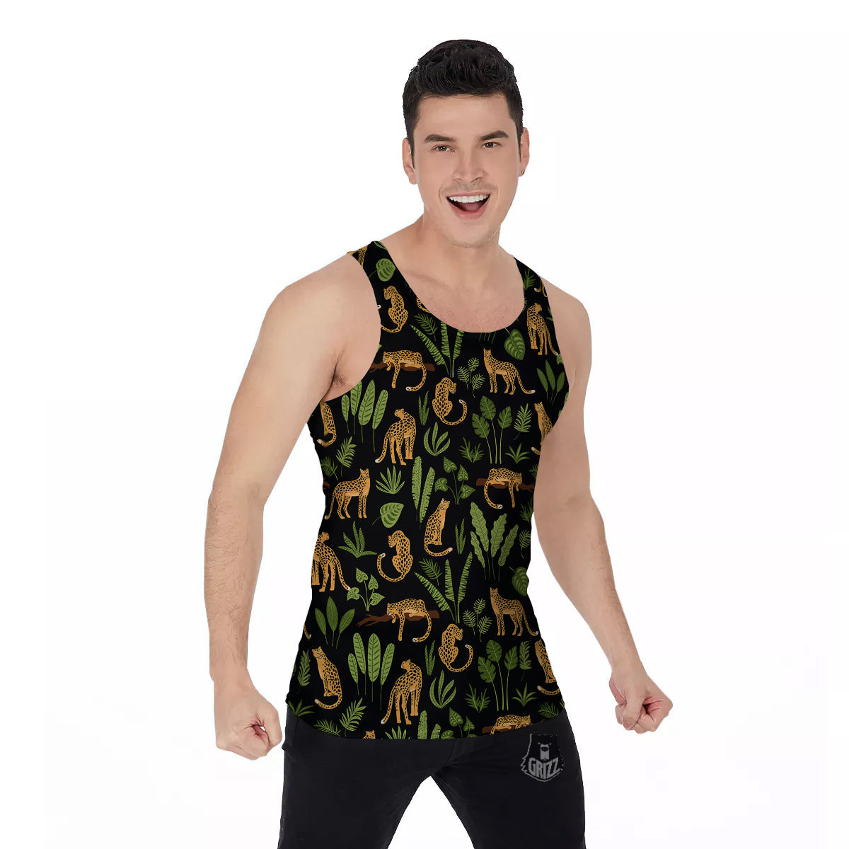 Jaguar Tropical Print Pattern Men's Tank Top-grizzshop