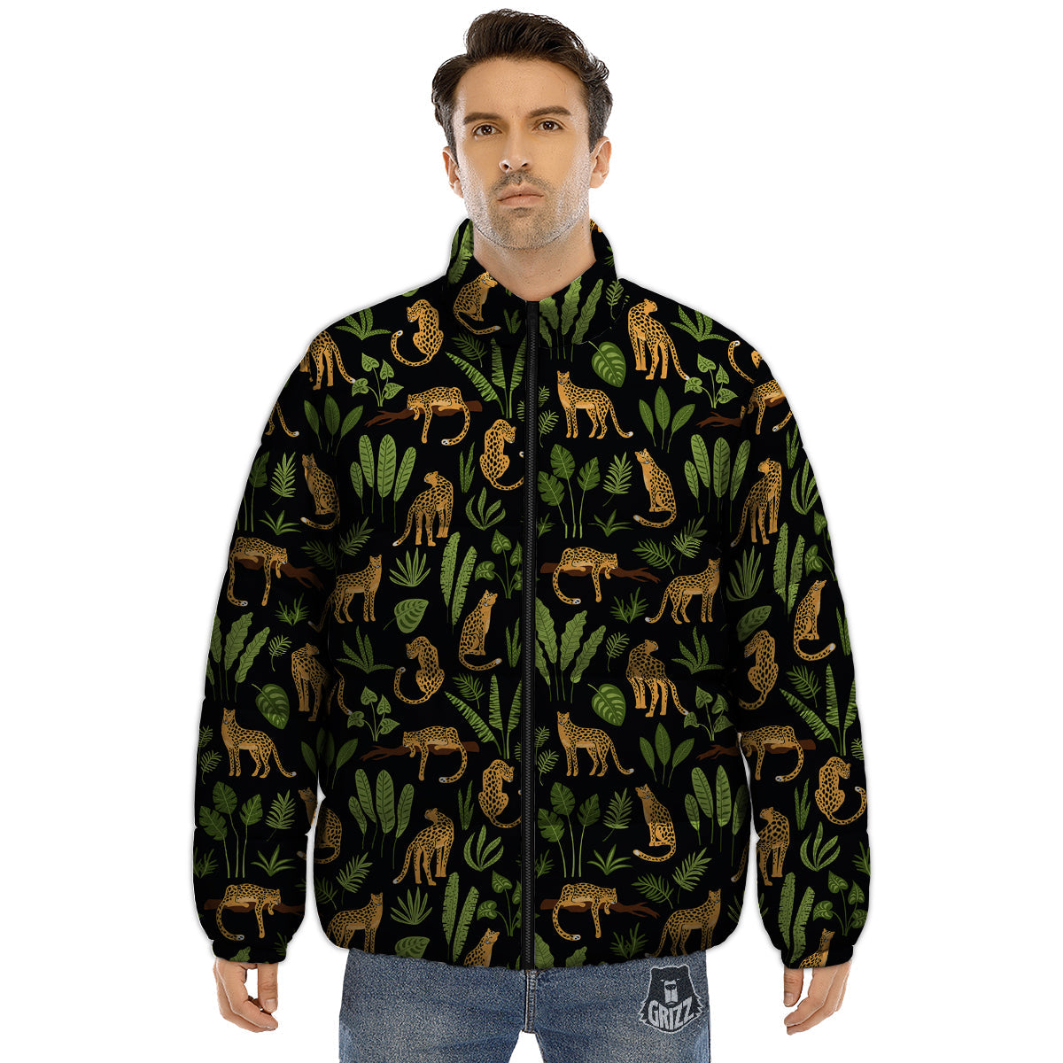 Jaguar Tropical Print Pattern Puffer Jacket-grizzshop
