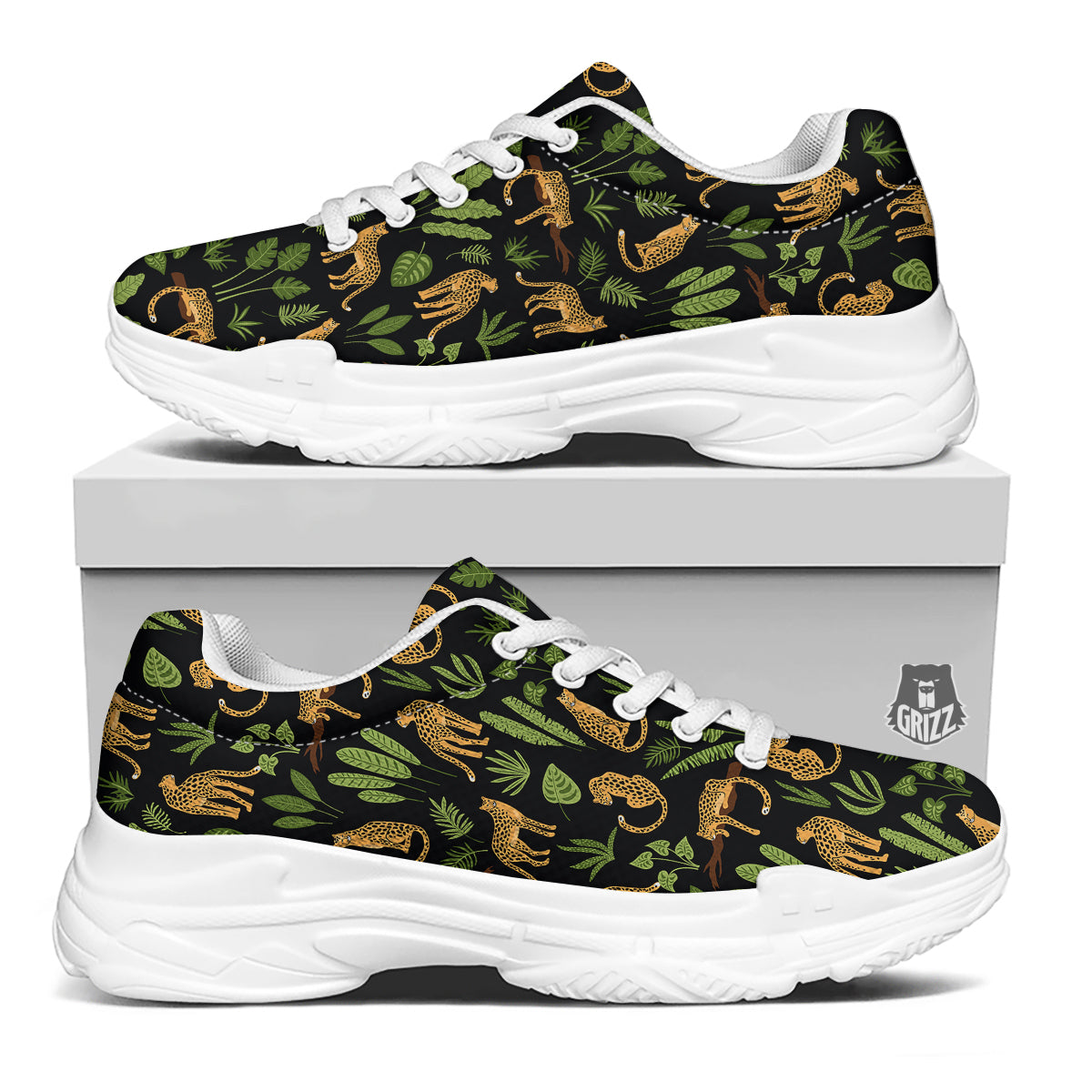 Jaguar Tropical Print Pattern White Chunky Shoes-grizzshop