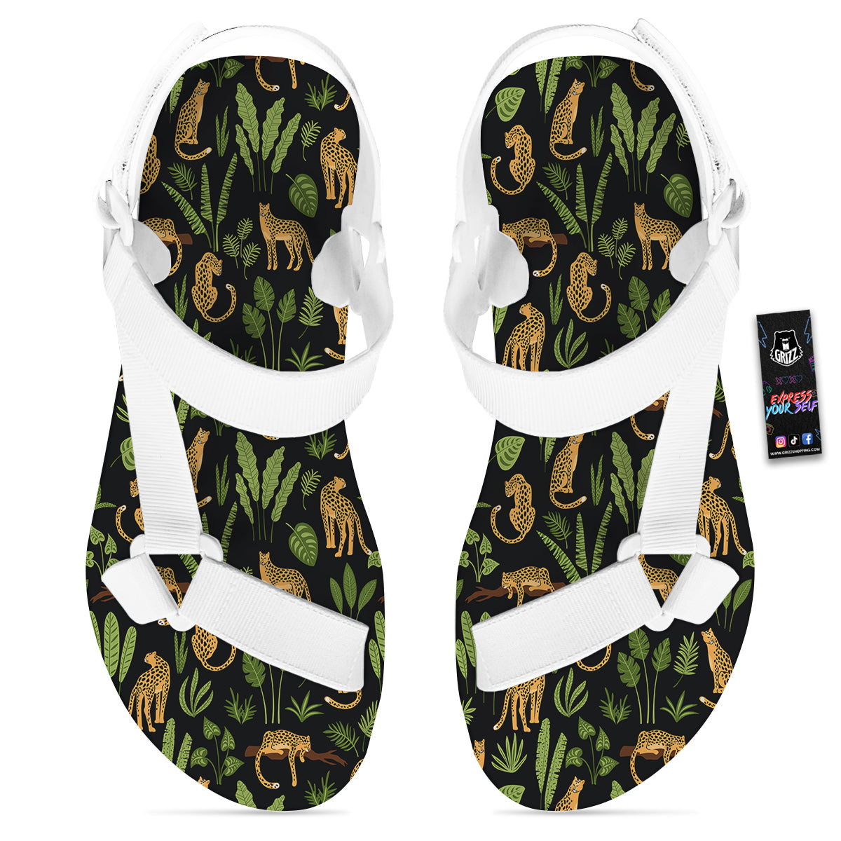 Jaguar Tropical Print Pattern White Open Toe Sandals-grizzshop