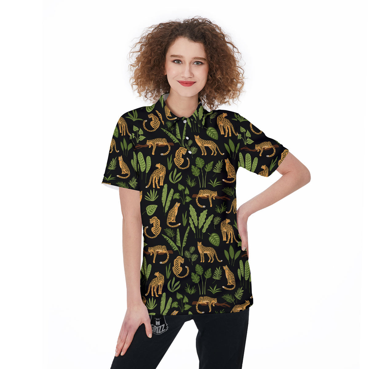 Jaguar Tropical Print Pattern Women's Golf Shirts-grizzshop