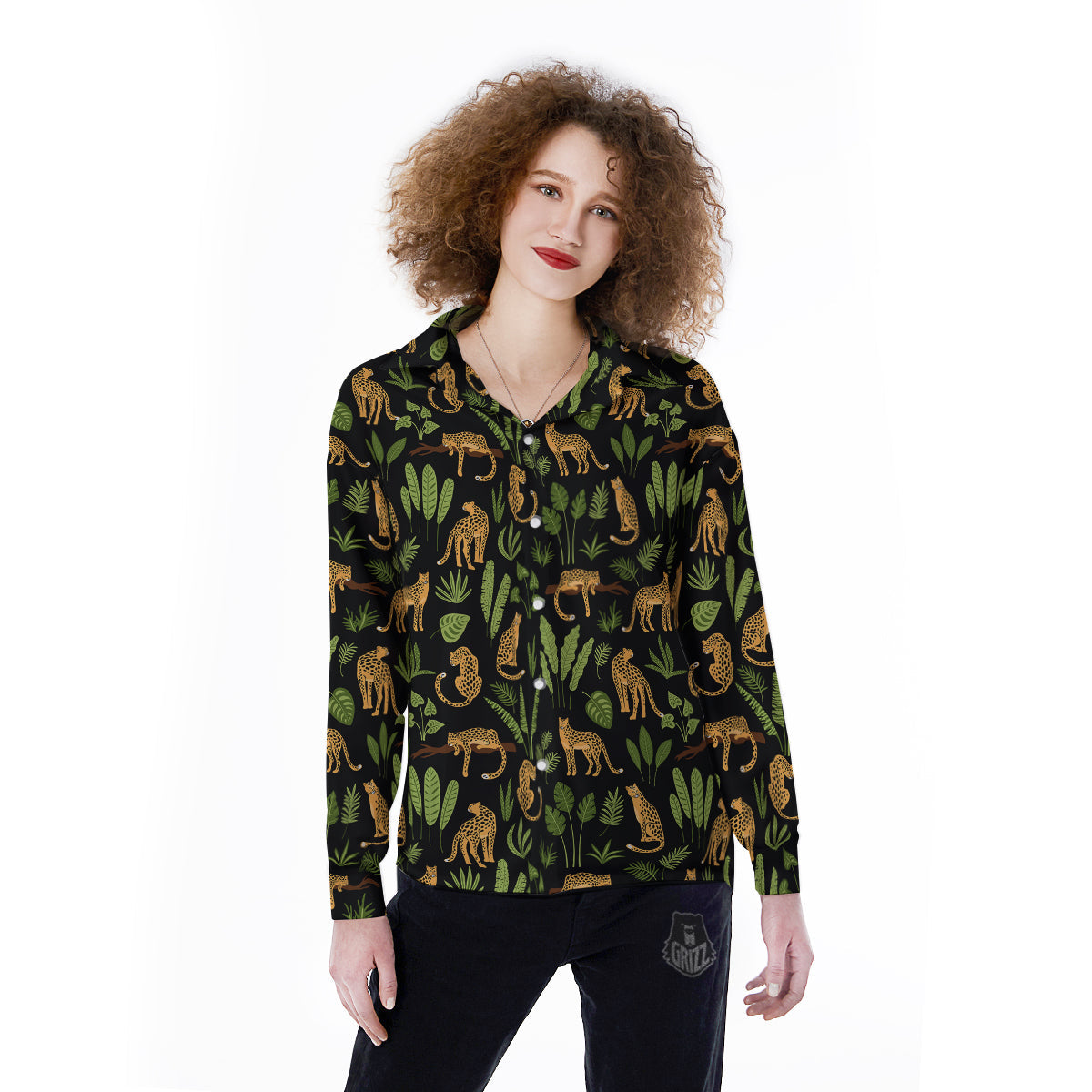 Jaguar Tropical Print Pattern Women's Long Sleeve Shirts-grizzshop