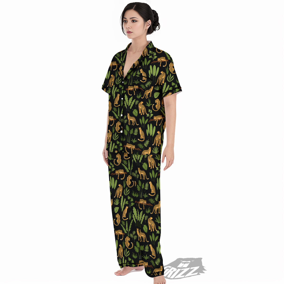Jaguar Tropical Print Pattern Women's Pajamas Set-grizzshop