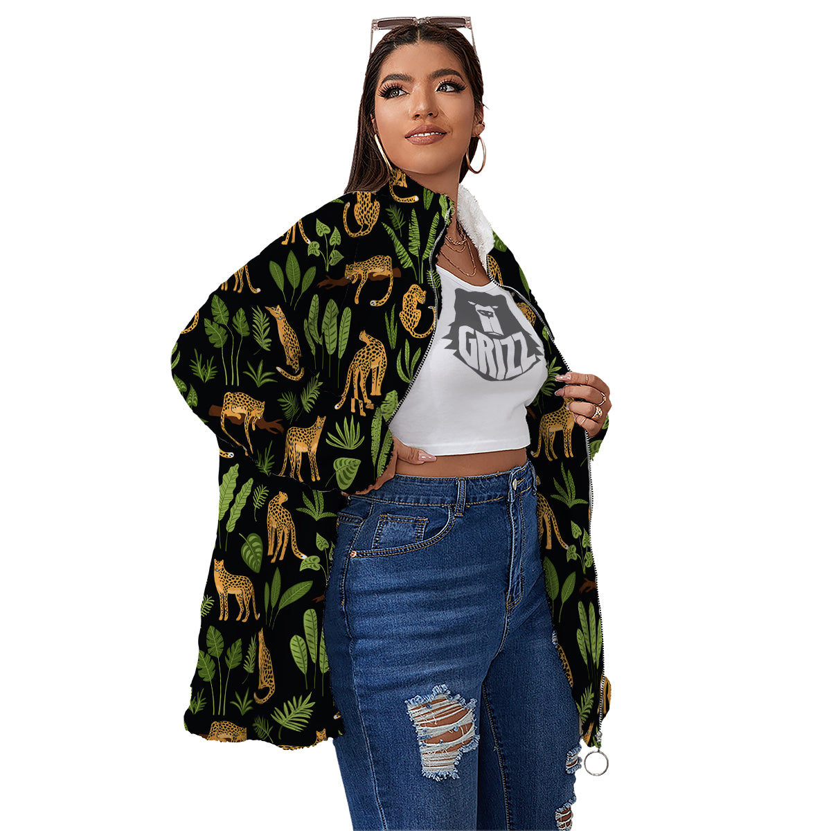 Jaguar Tropical Print Pattern Women's Sherpa Jacket-grizzshop